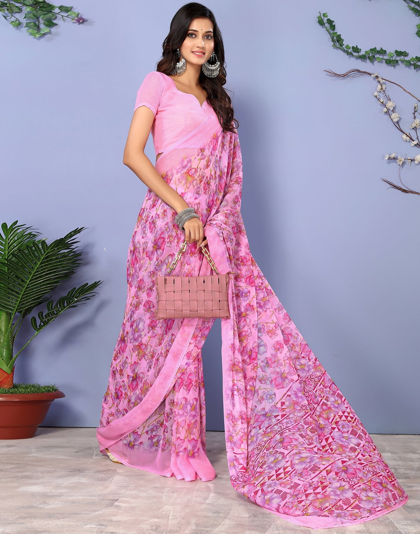 Pink Georgette Floral Printed Saree | Sudathi
