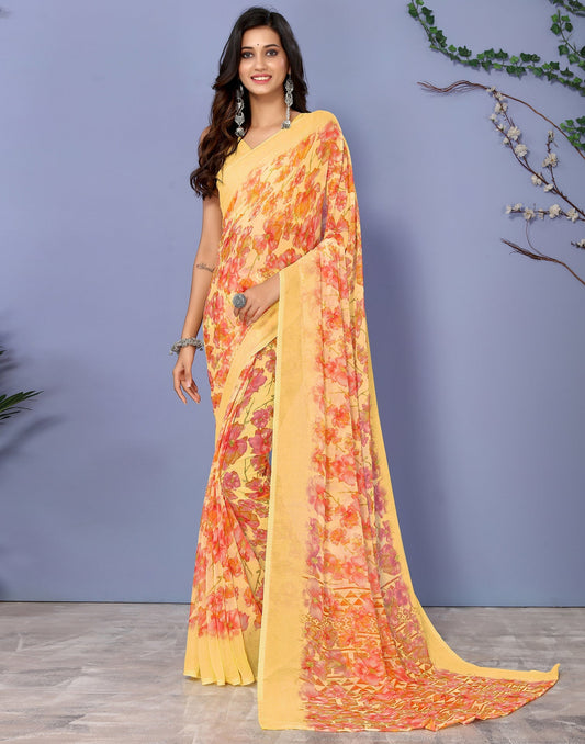 Yellow Georgette Floral Printed Saree | Sudathi