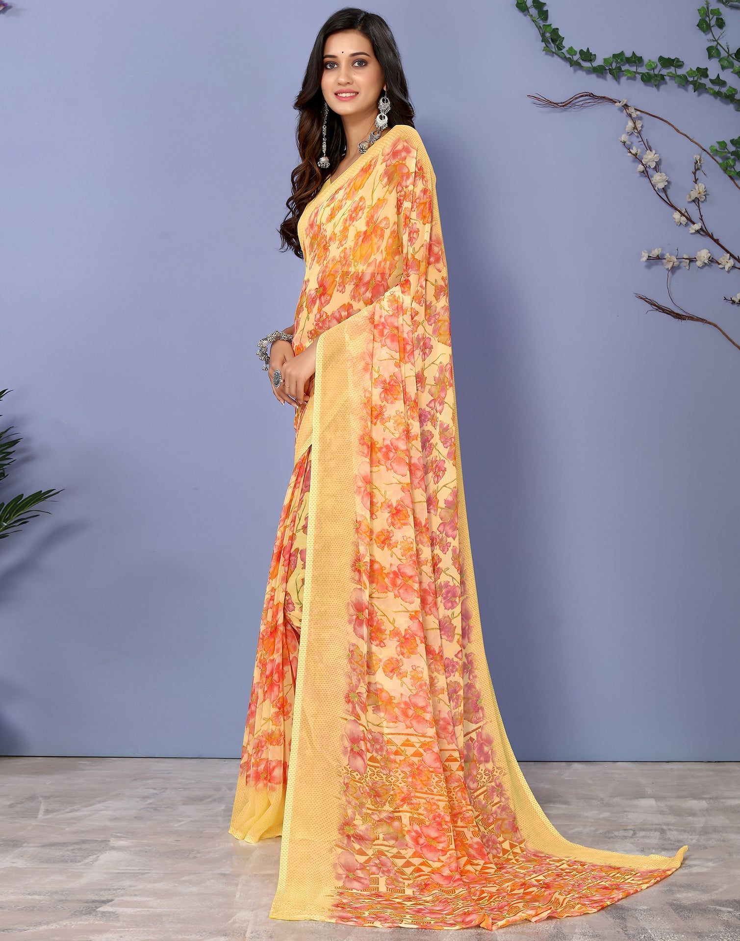 Yellow Georgette Floral Printed Saree | Sudathi