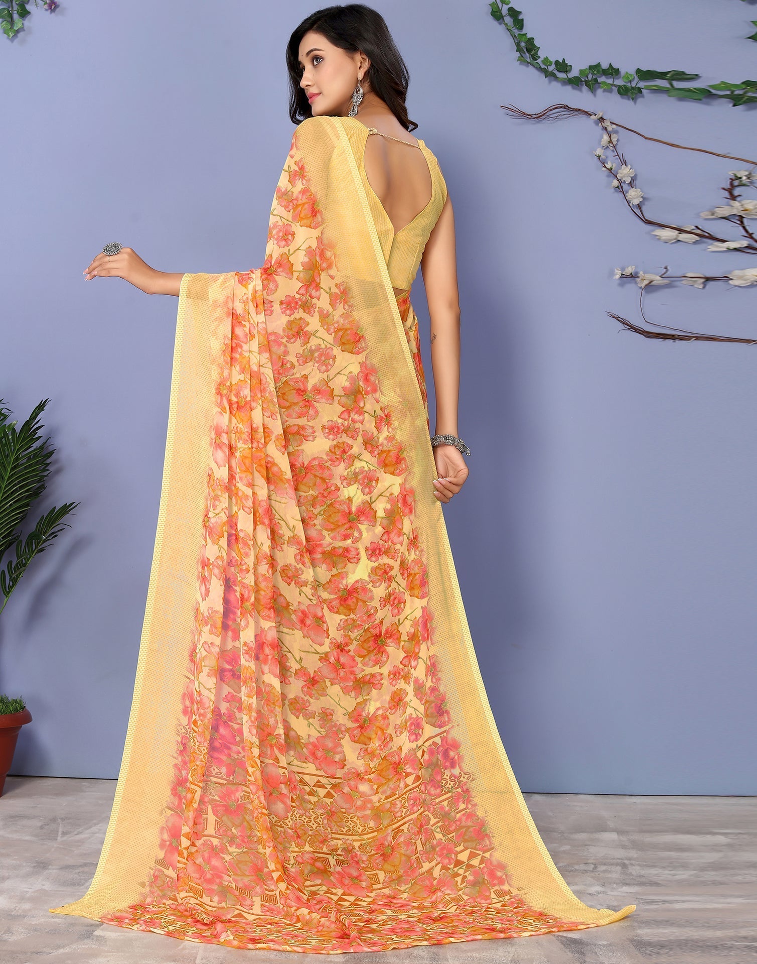 Yellow Georgette Floral Printed Saree | Sudathi