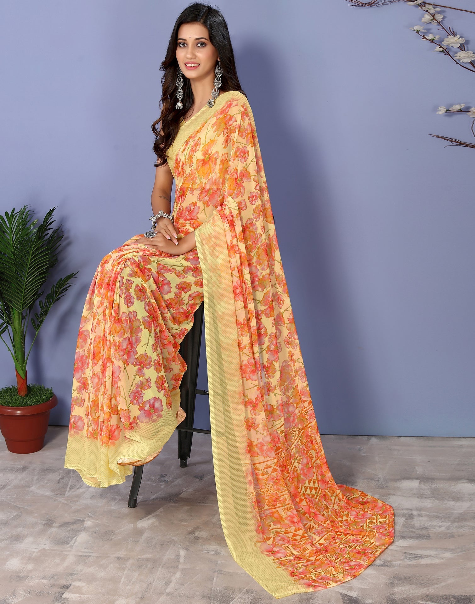 Yellow Georgette Floral Printed Saree | Sudathi