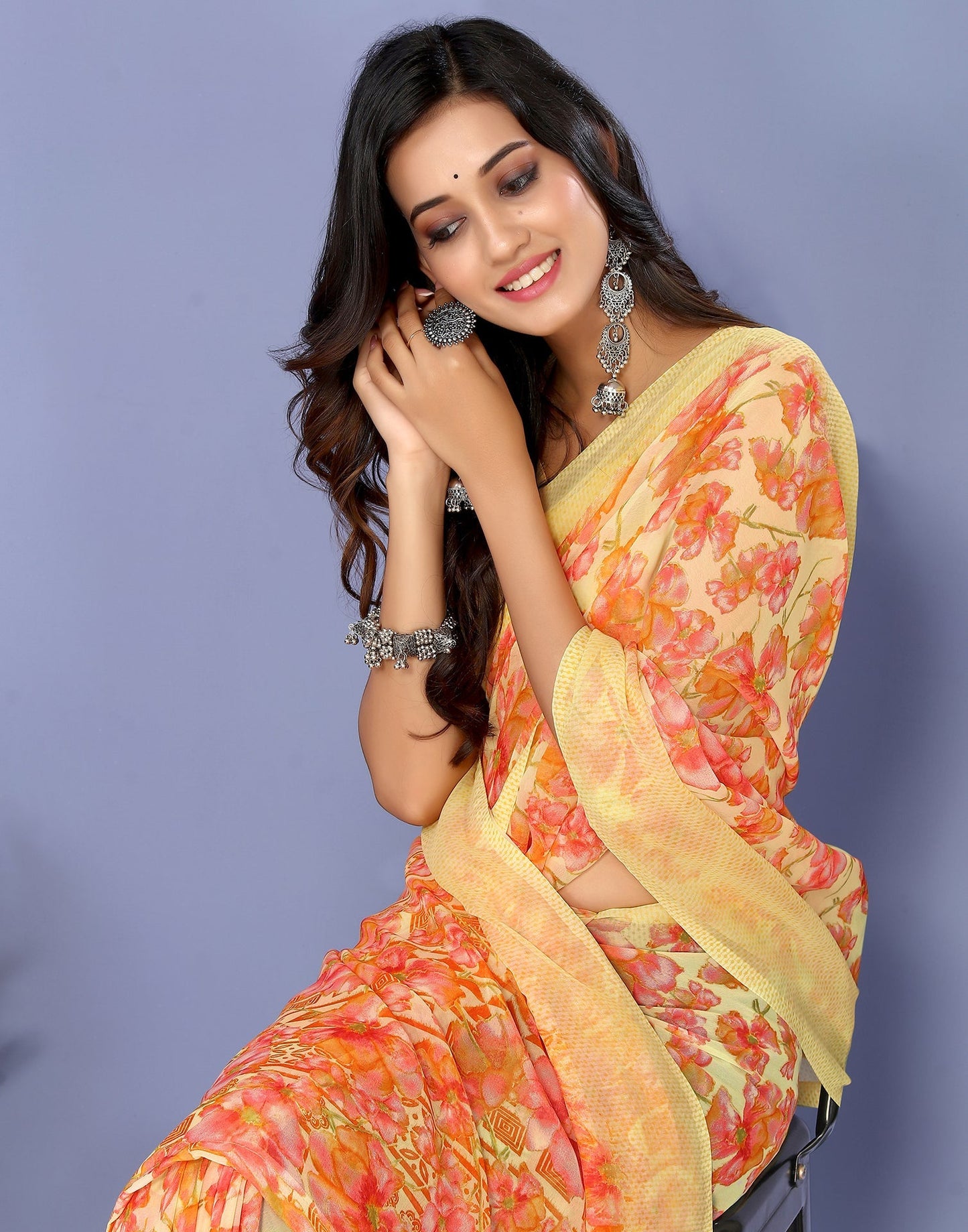 Yellow Georgette Floral Printed Saree | Sudathi