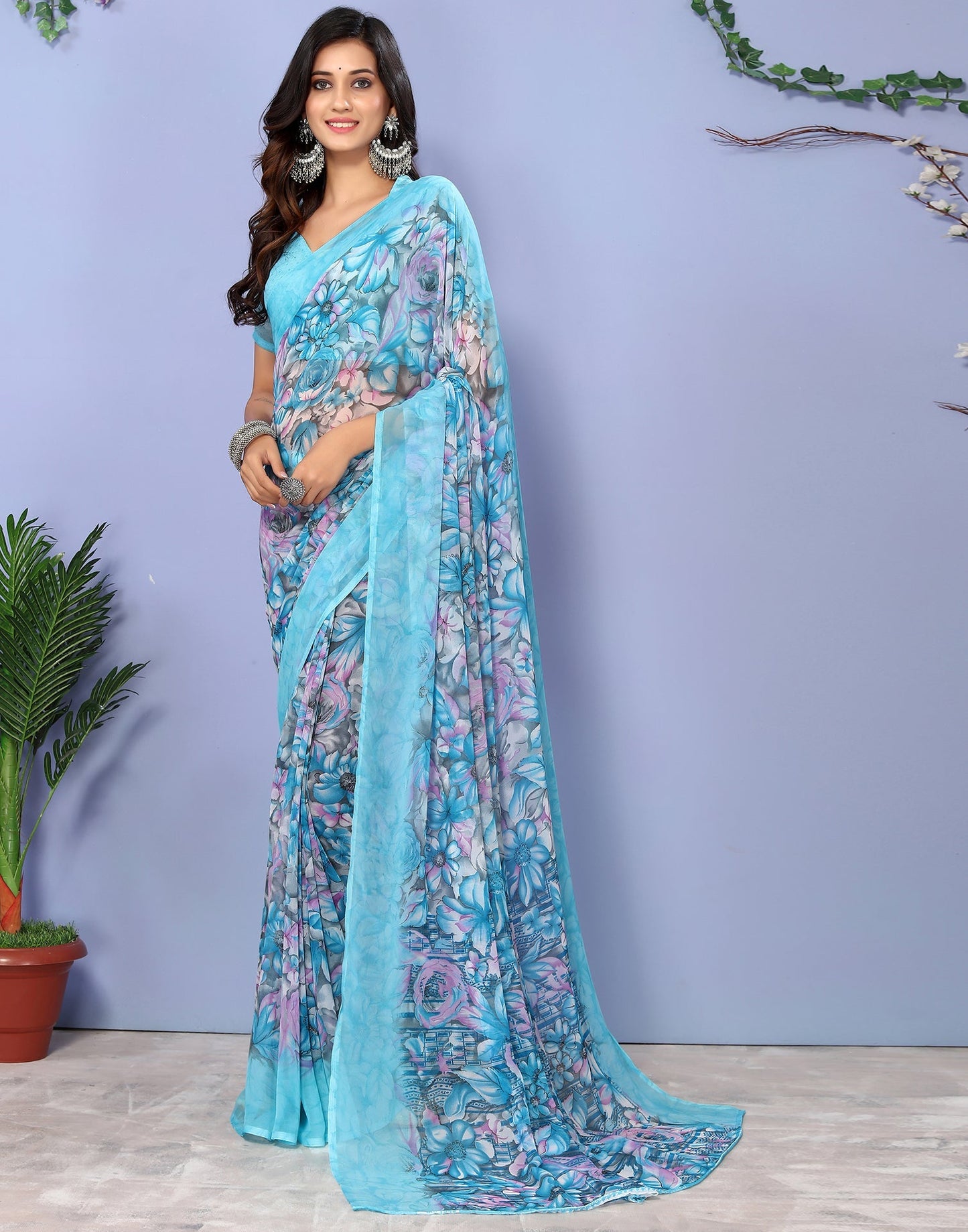 Sky Blue Georgette Floral Printed Saree | Sudathi