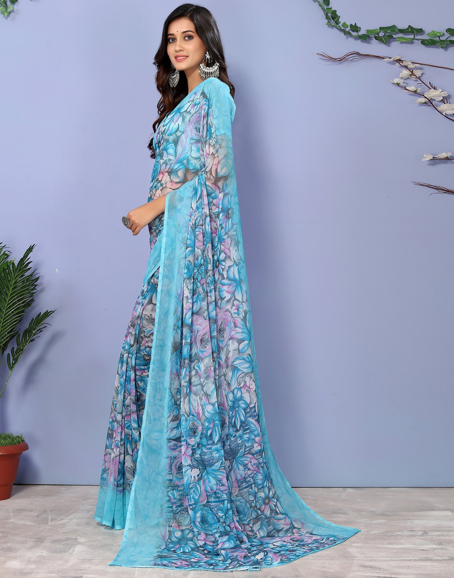 Sky Blue Georgette Floral Printed Saree | Sudathi
