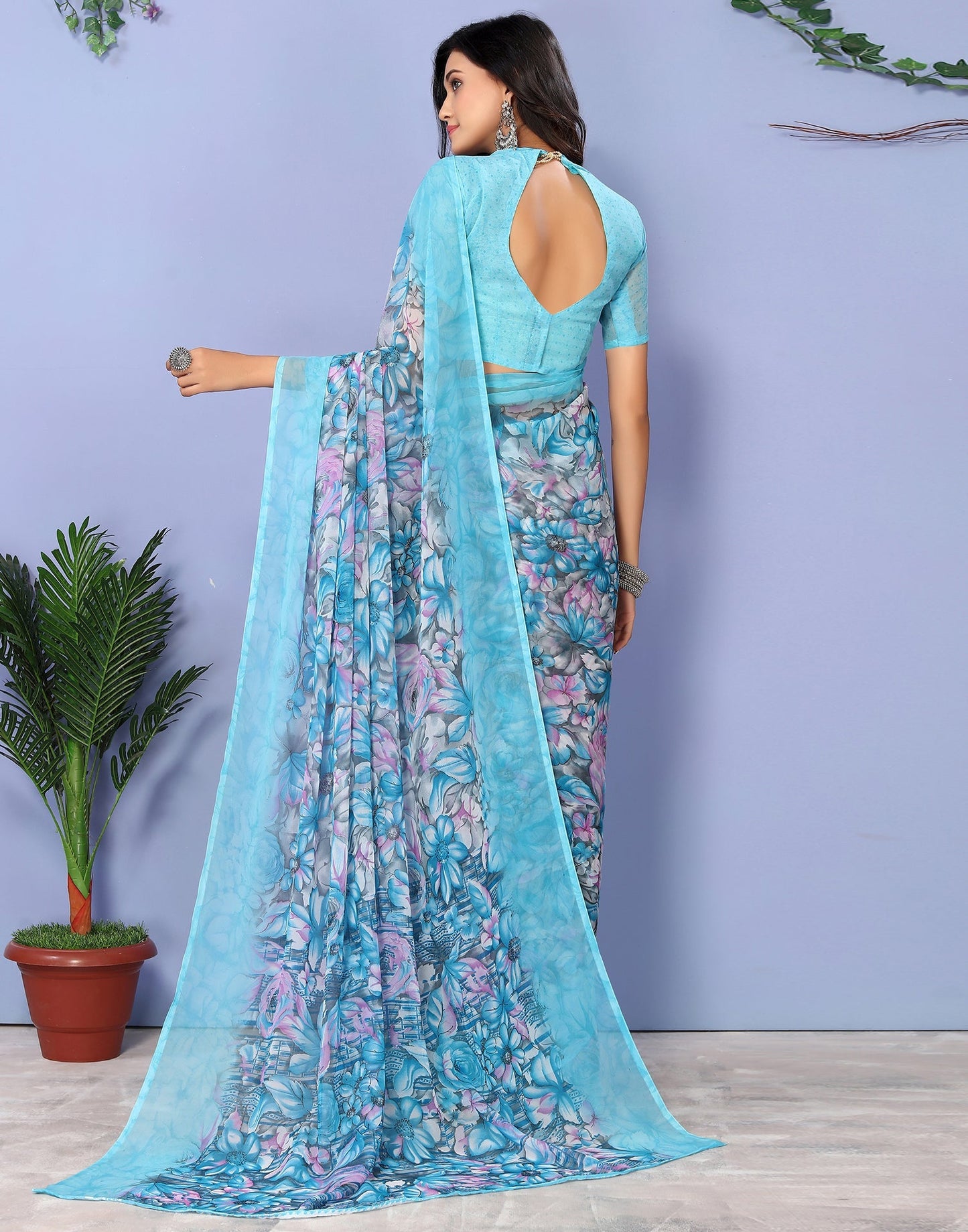 Sky Blue Georgette Floral Printed Saree | Sudathi