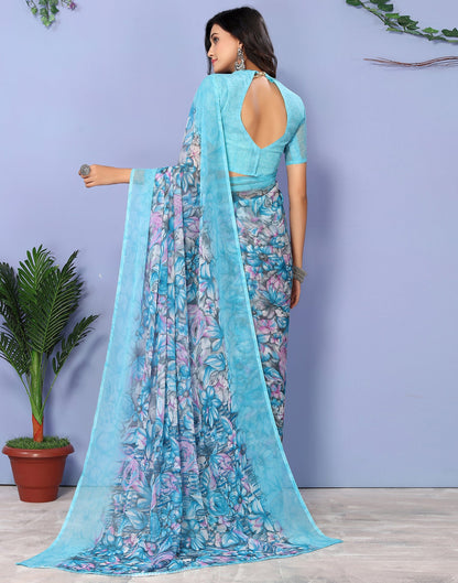 Sky Blue Georgette Floral Printed Saree | Sudathi