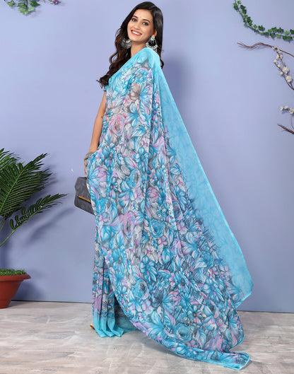 Sky Blue Georgette Floral Printed Saree | Sudathi