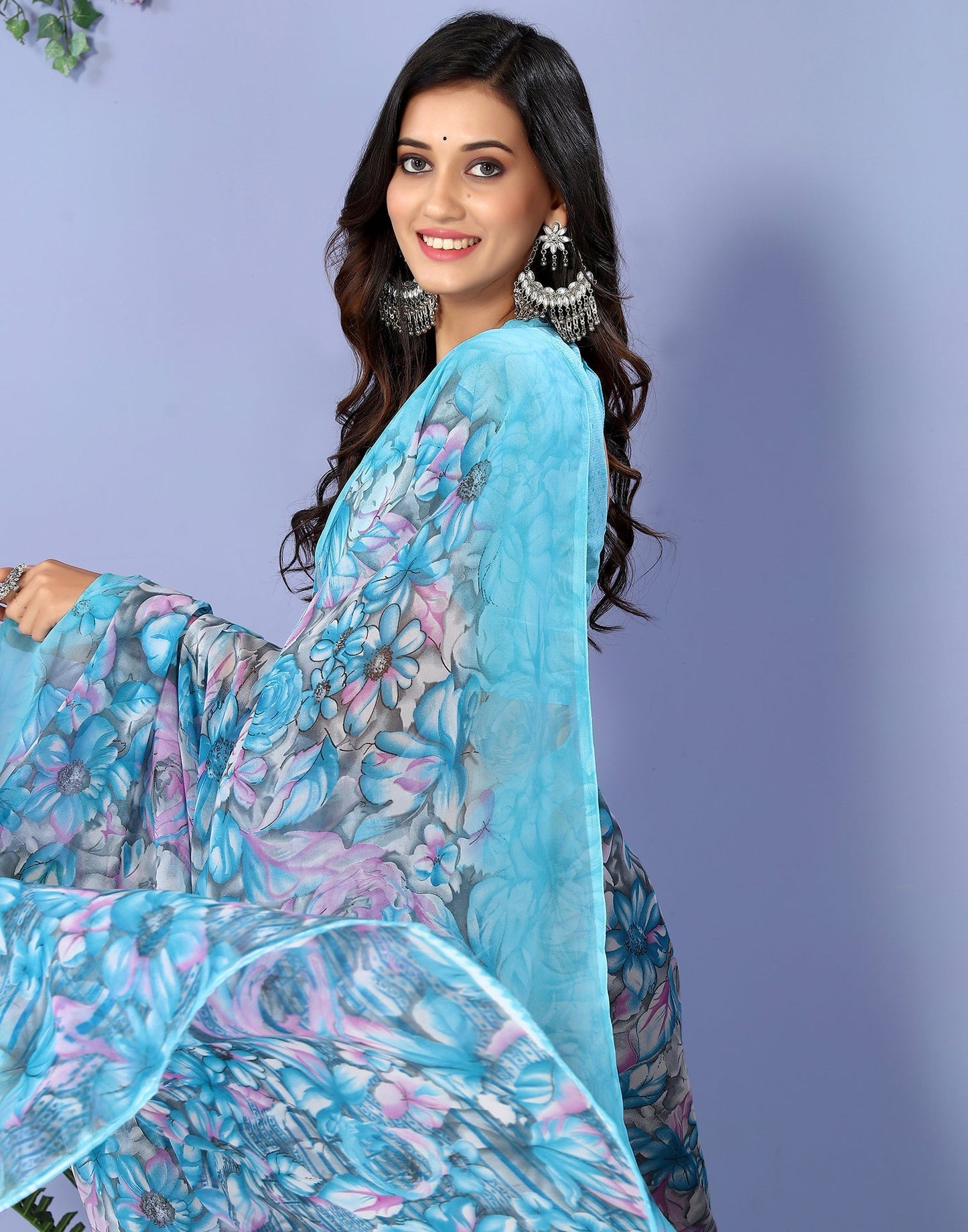 Sky Blue Georgette Floral Printed Saree | Sudathi