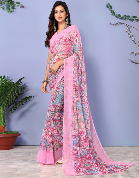 Pink Georgette Floral Printed Saree | Sudathi