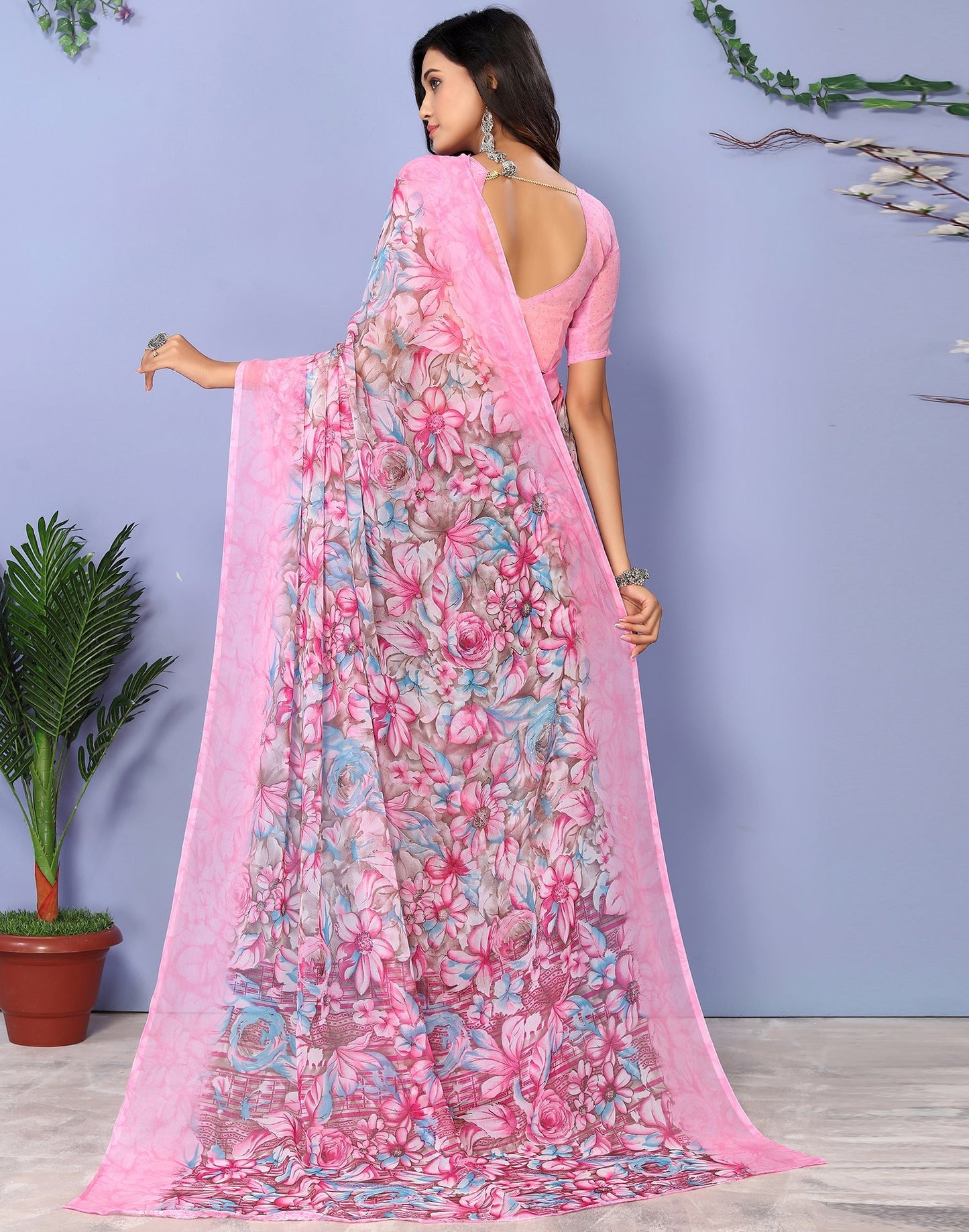 Pink Georgette Floral Printed Saree | Sudathi