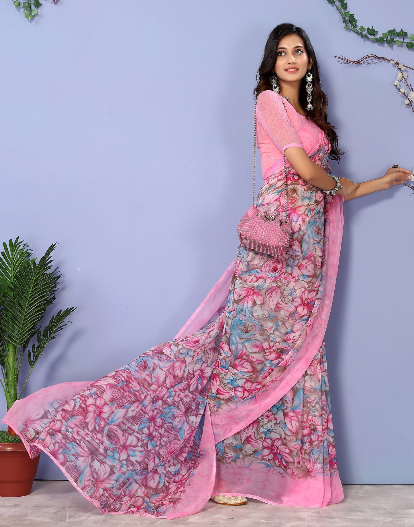 Pink Georgette Floral Printed Saree | Sudathi