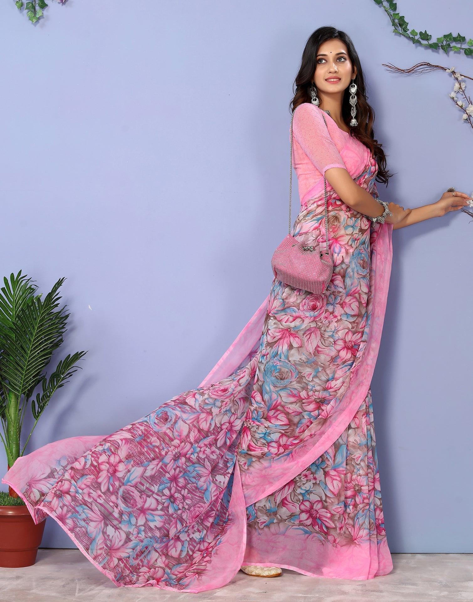 Pink Georgette Floral Printed Saree | Sudathi