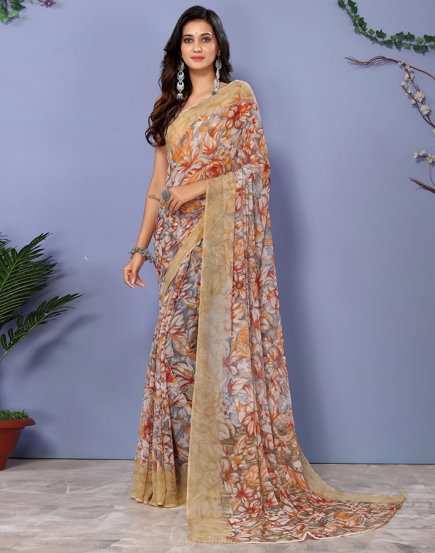 Light Brown Georgette Floral Printed Saree | Sudathi