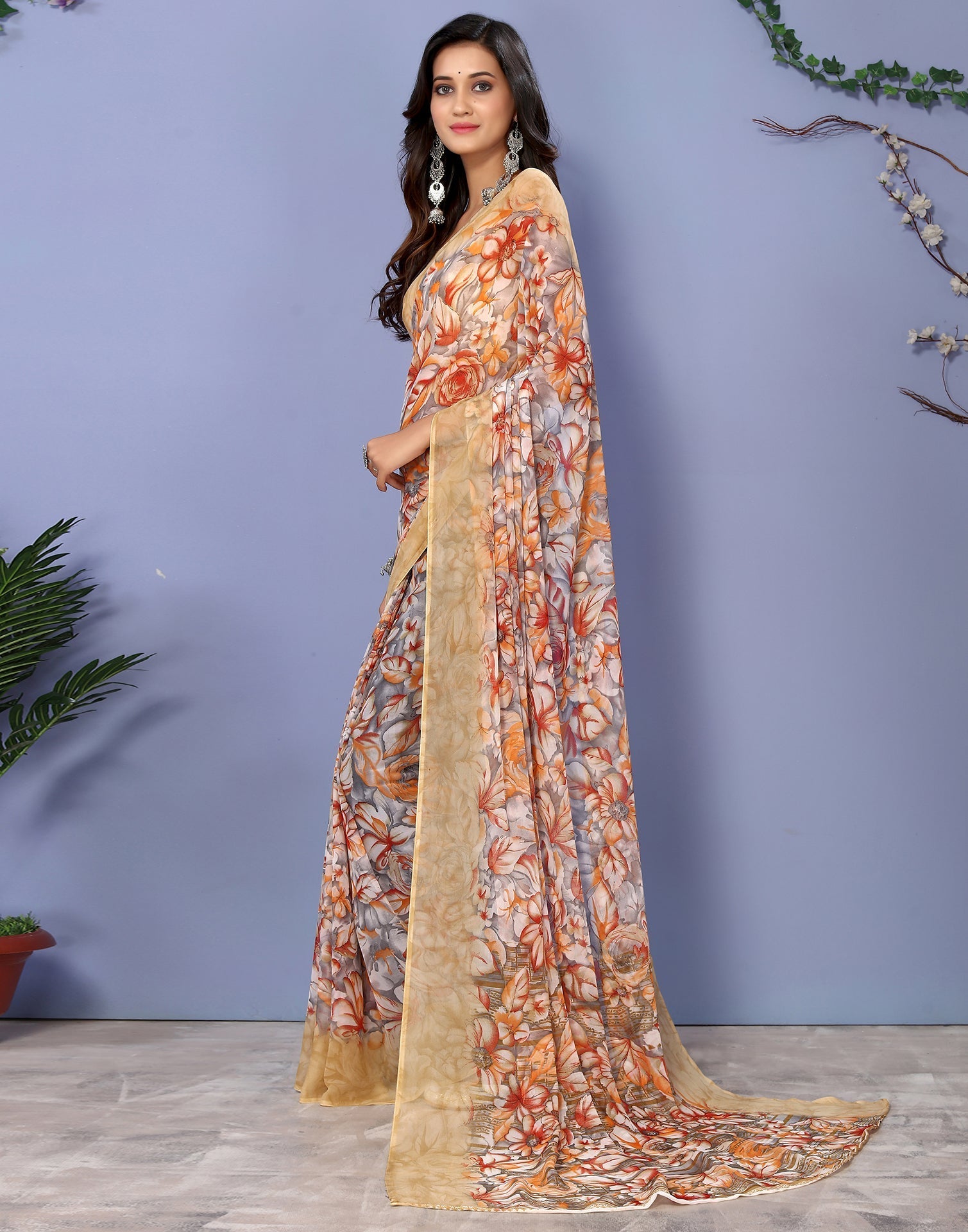 Light Brown Georgette Floral Printed Saree | Sudathi