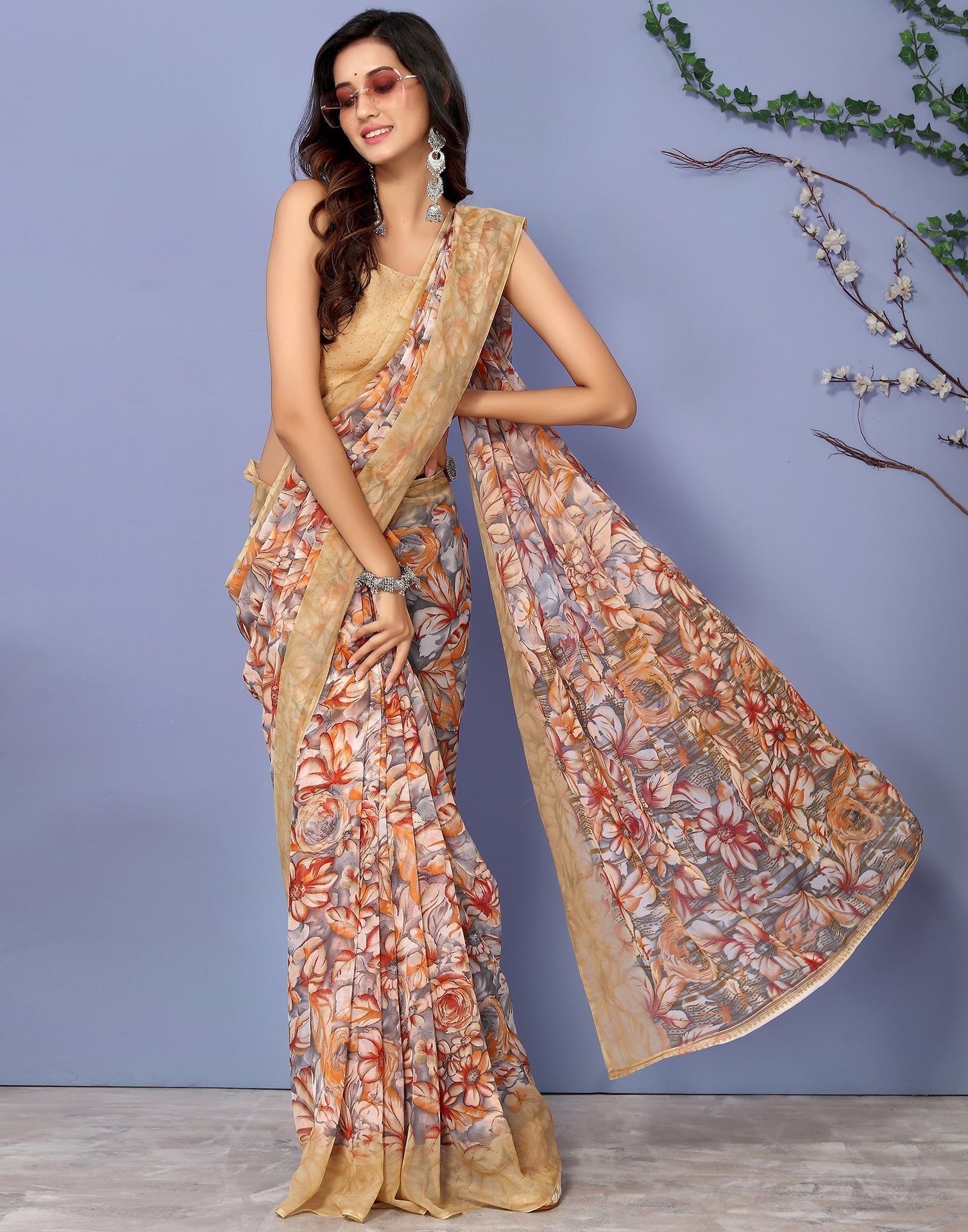 Light Brown Georgette Floral Printed Saree | Sudathi