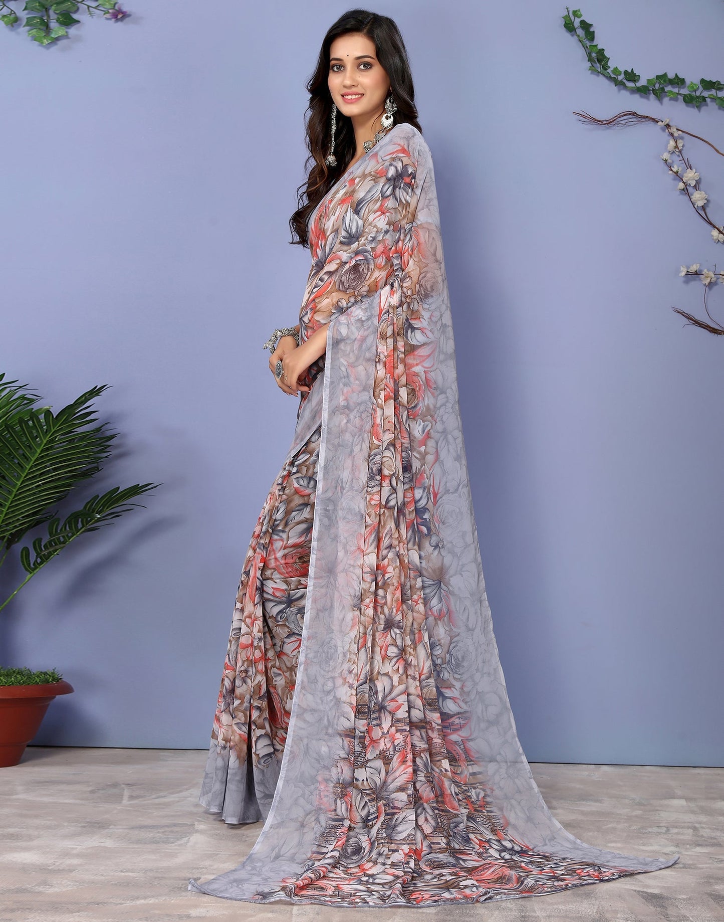 Grey Georgette Floral Printed Saree | Sudathi