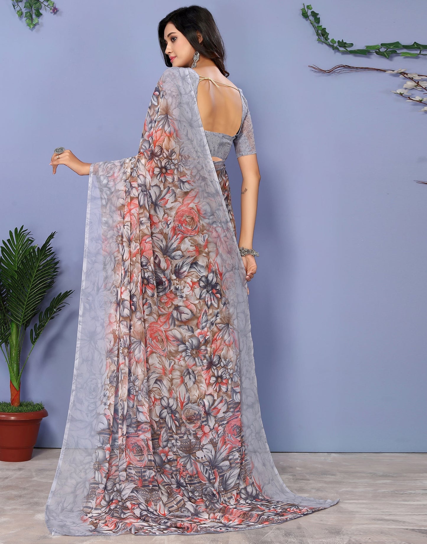 Grey Georgette Floral Printed Saree | Sudathi