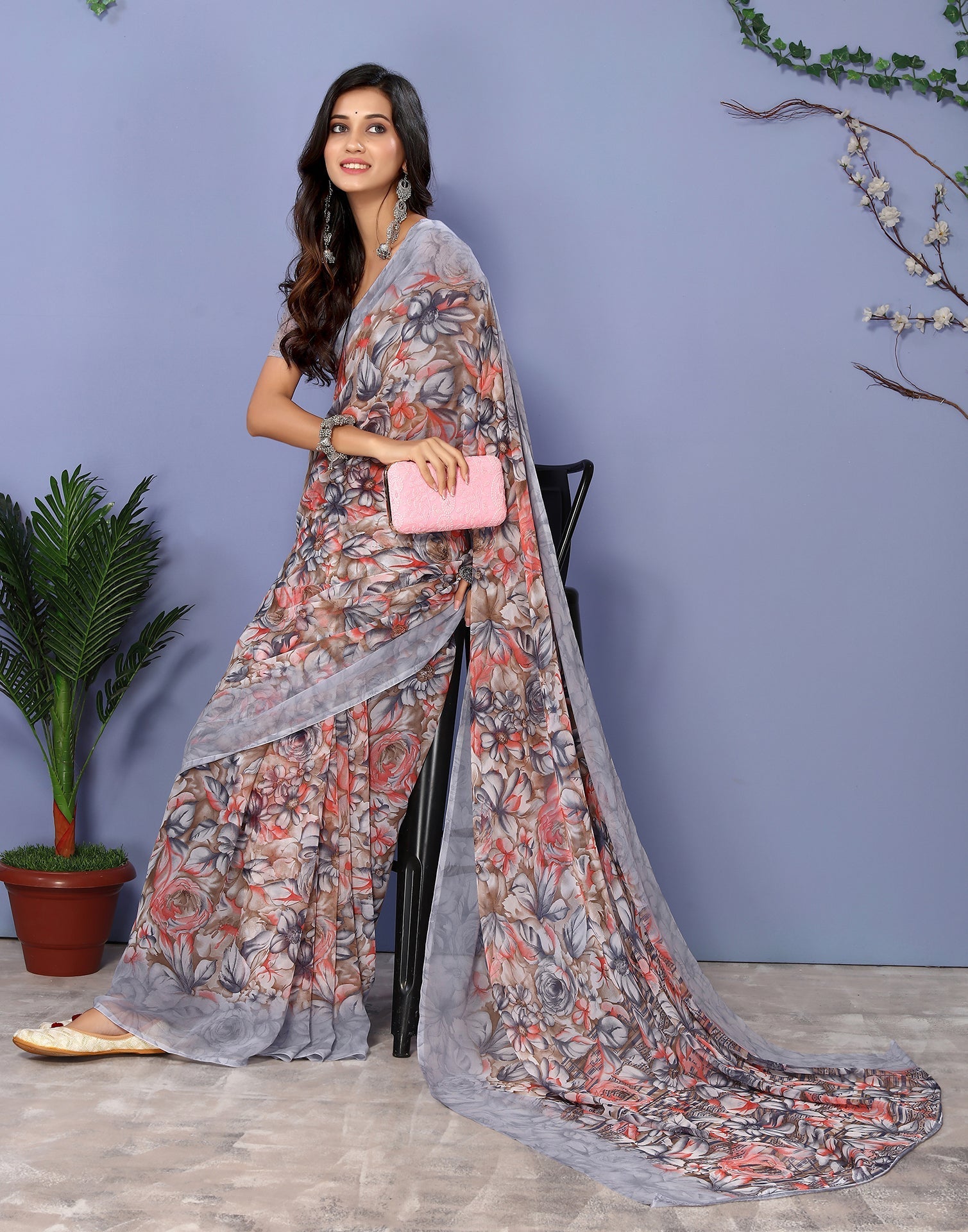 Grey Georgette Floral Printed Saree | Sudathi