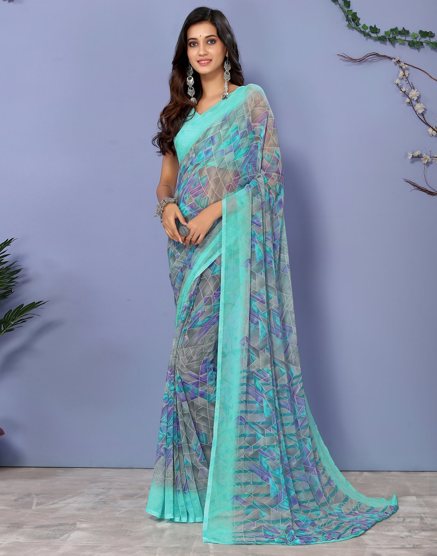 Turquoise Georgette Floral Printed Saree | Sudathi