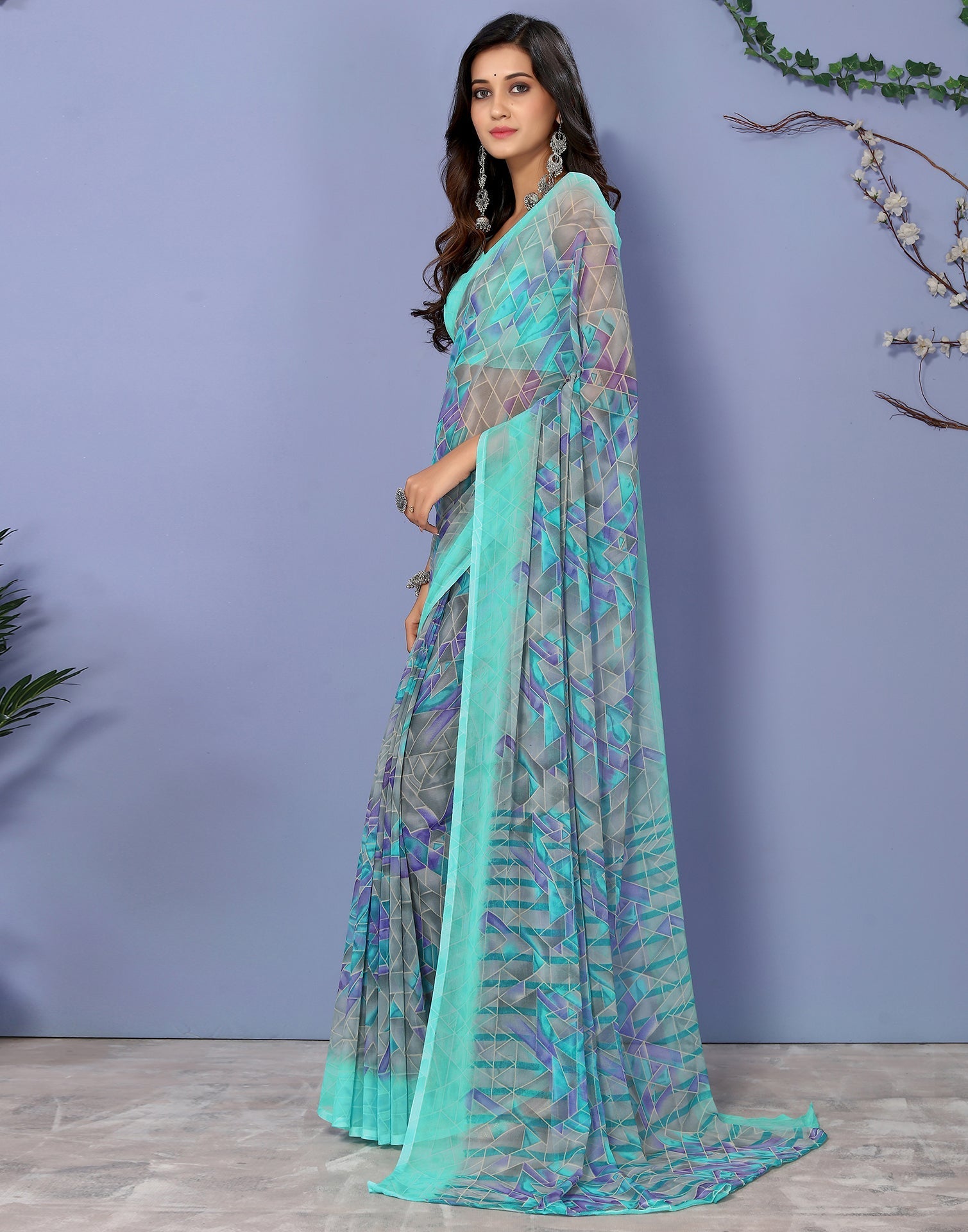 Turquoise Georgette Floral Printed Saree | Sudathi
