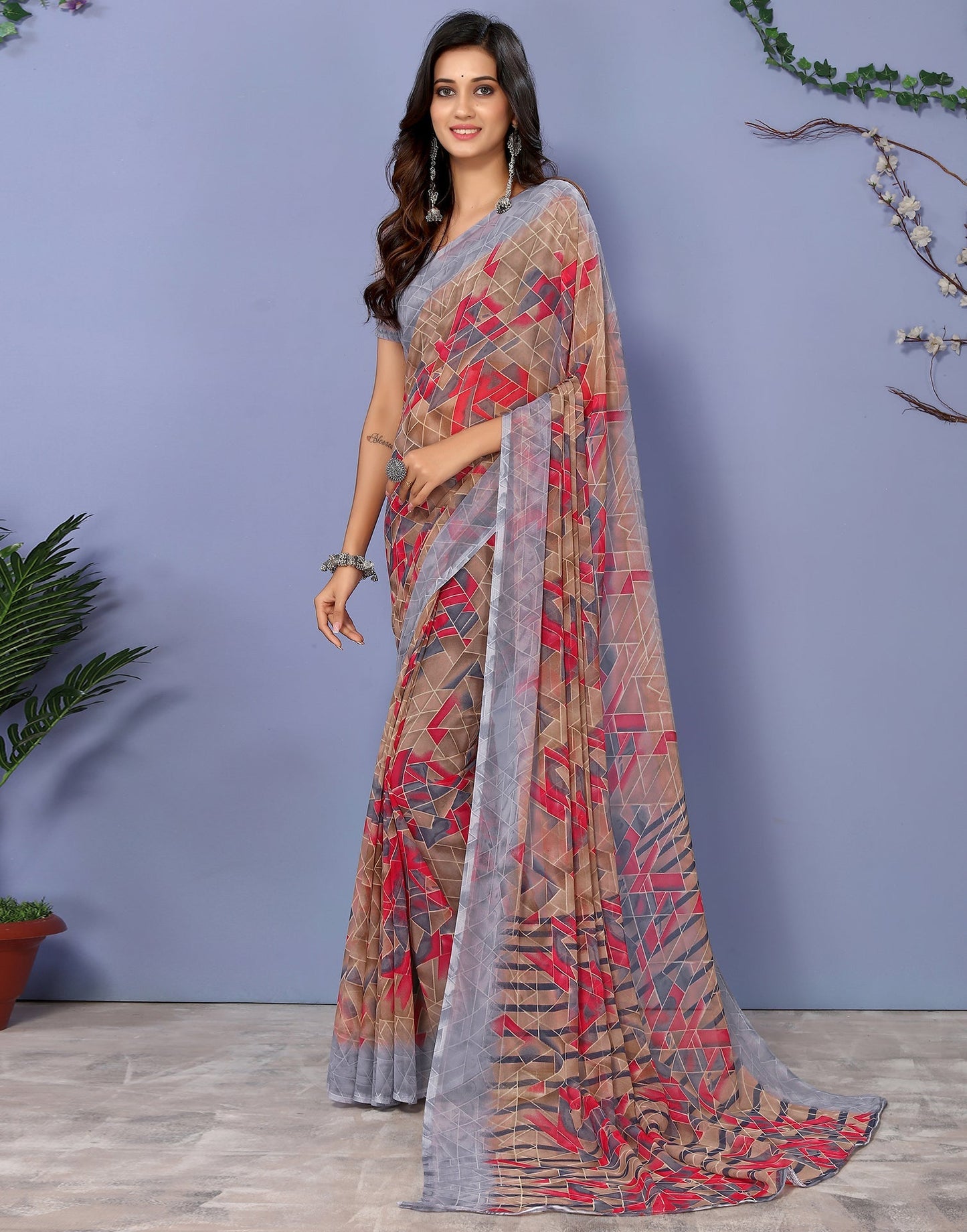 Grey Georgette Kanjivaram Floral Printed Saree | Sudathi
