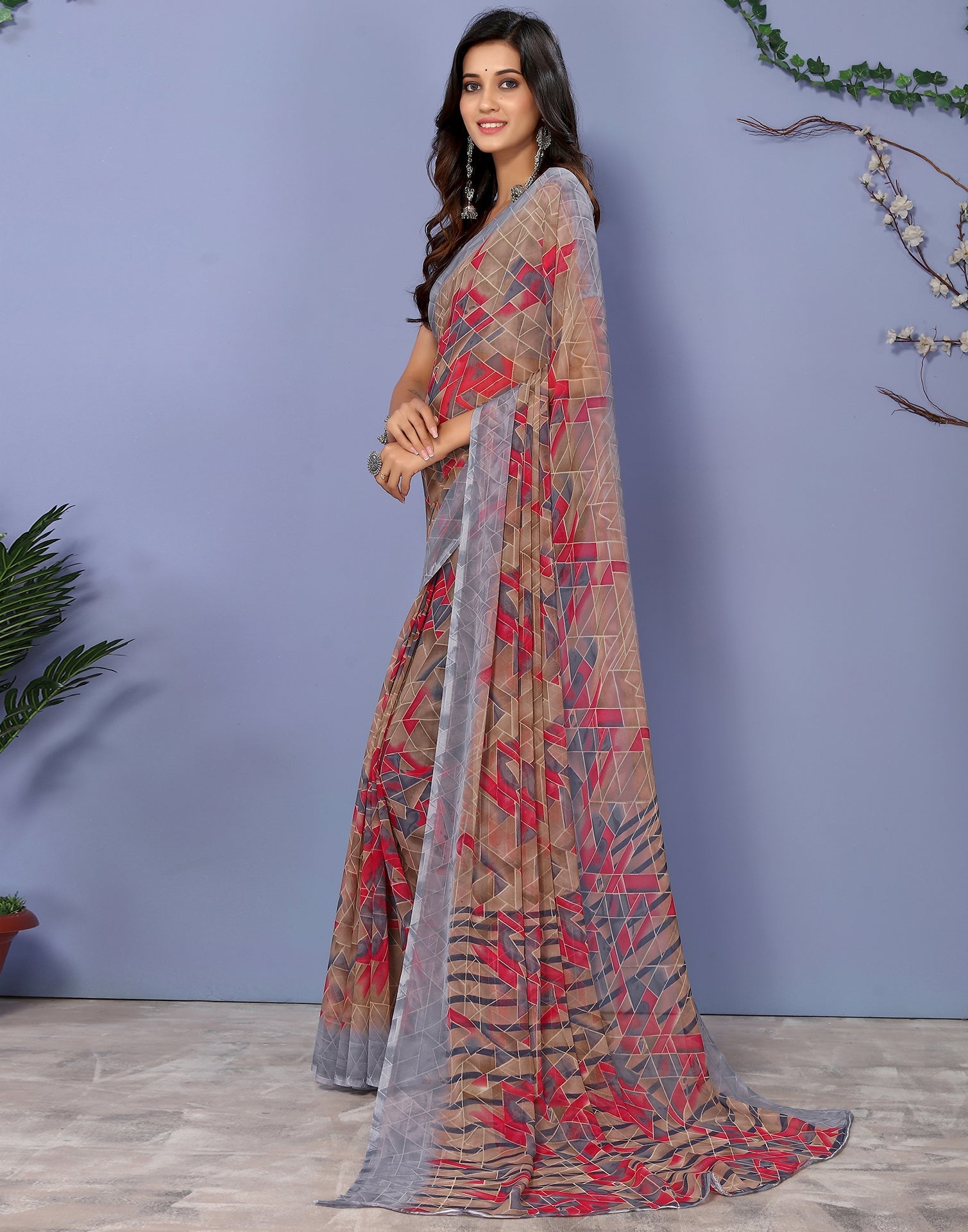 Grey Georgette Kanjivaram Floral Printed Saree | Sudathi