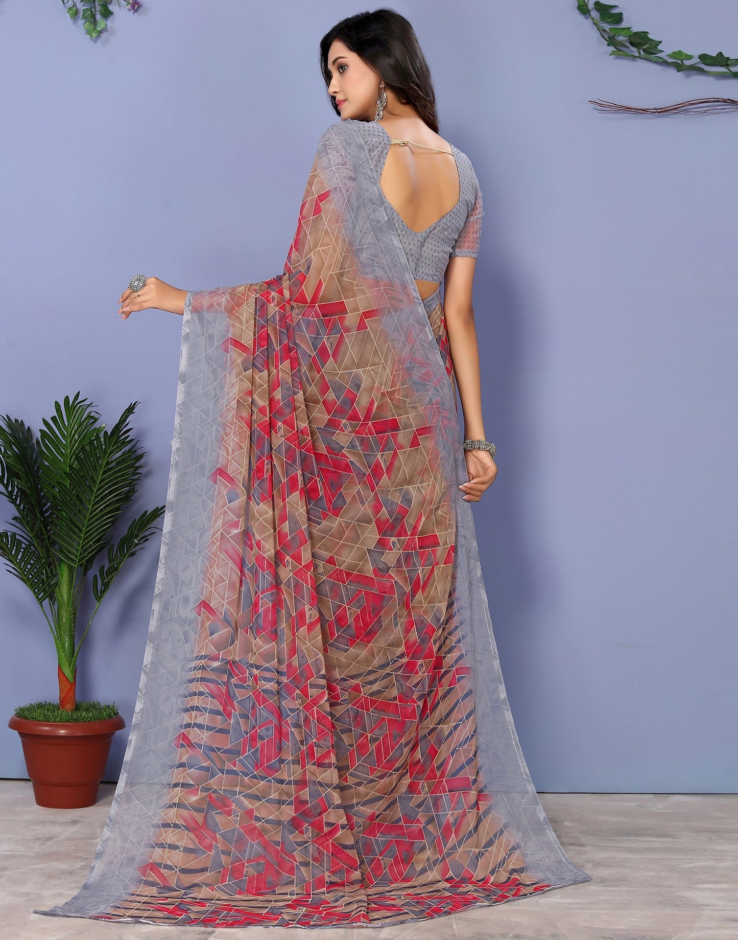 Grey Georgette Kanjivaram Floral Printed Saree | Sudathi