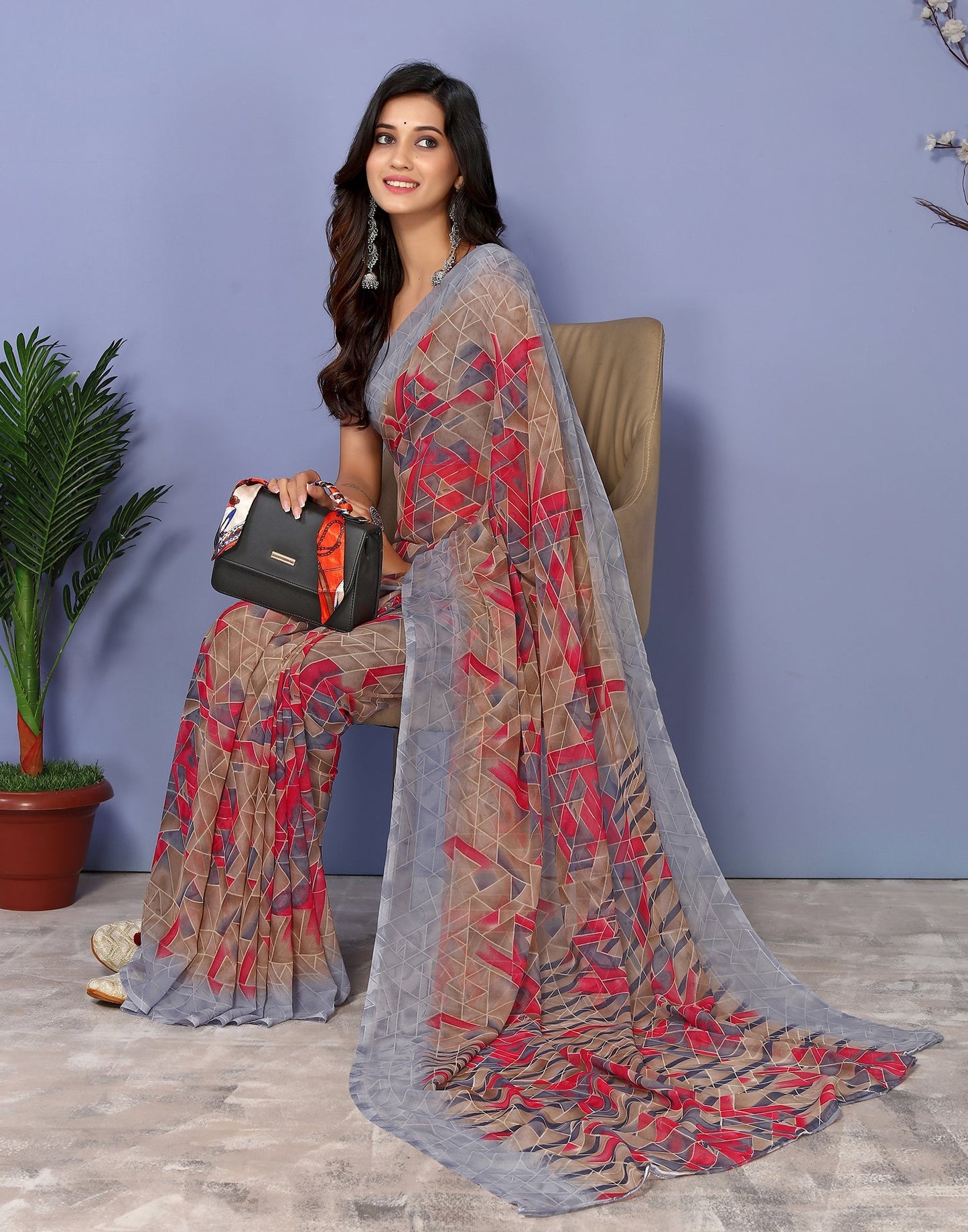 Grey Georgette Kanjivaram Floral Printed Saree | Sudathi