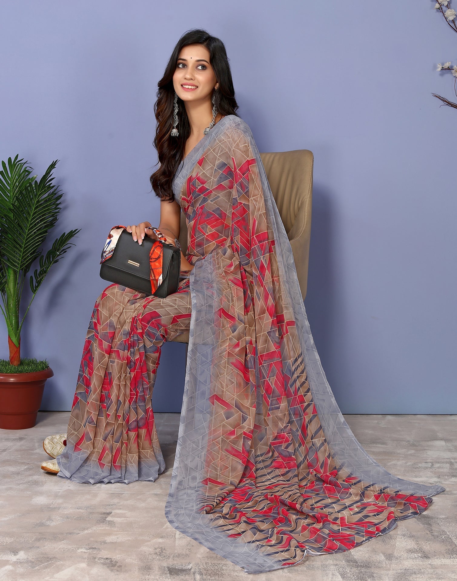 Grey Georgette Kanjivaram Floral Printed Saree | Sudathi