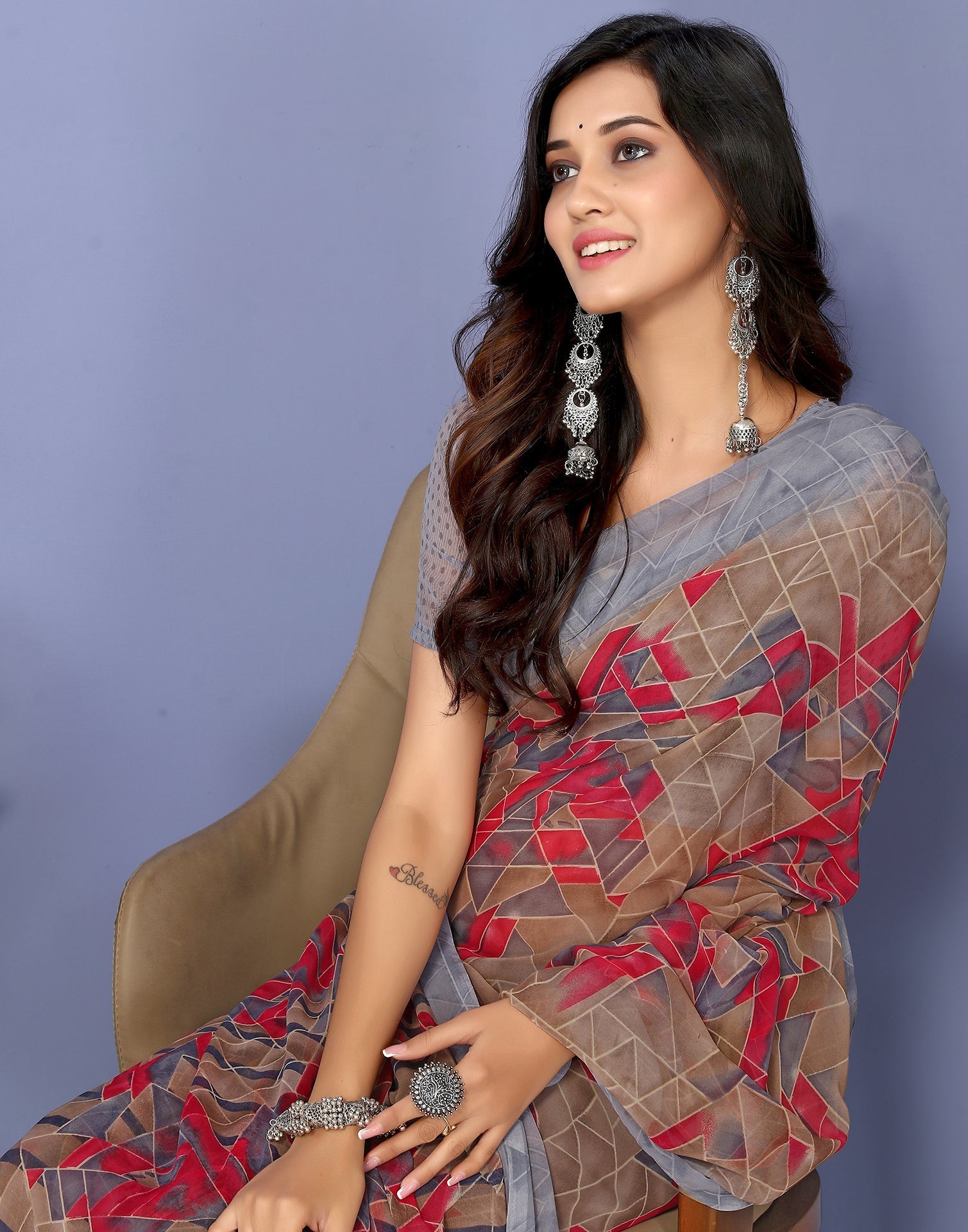 Grey Georgette Kanjivaram Floral Printed Saree | Sudathi