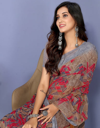 Grey Georgette Kanjivaram Floral Printed Saree | Sudathi