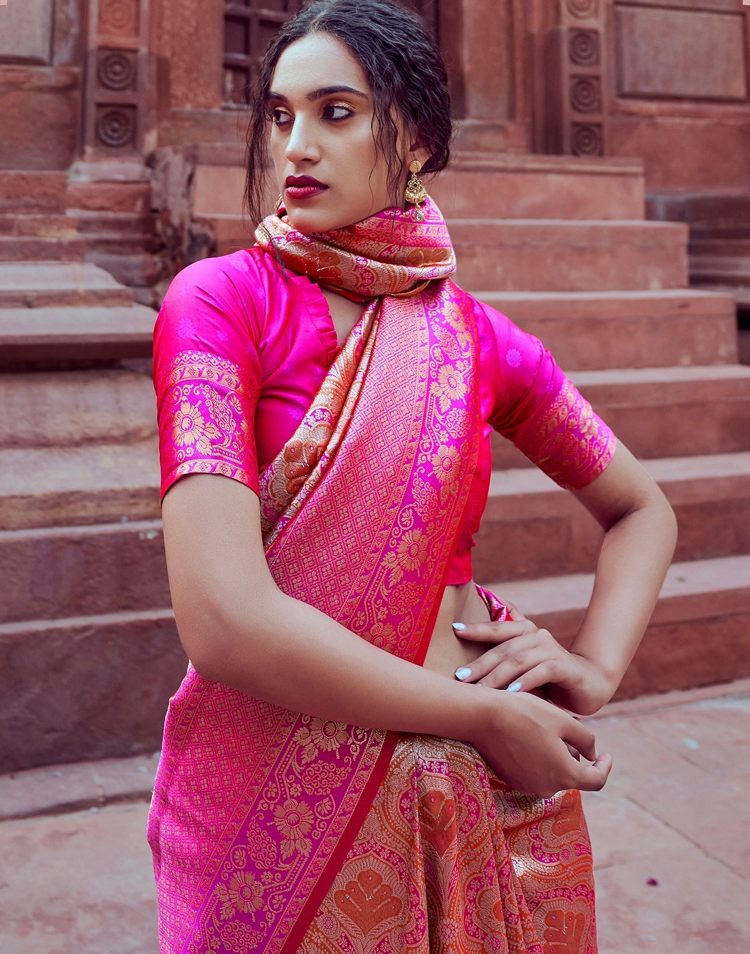 Pink Silk Kanjivaram Weaving Saree | Leemboodi