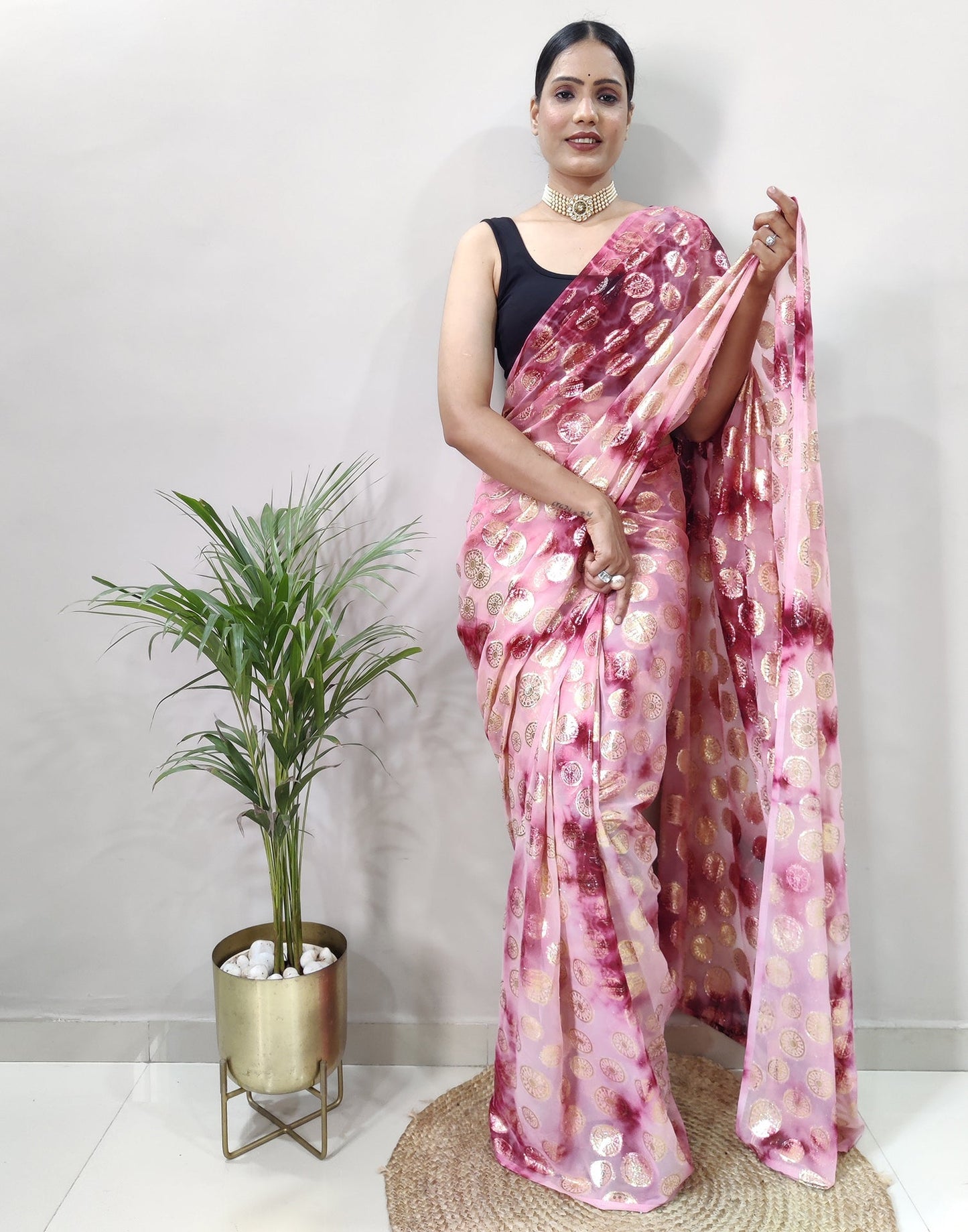 Light Pink Chiffon Embroidery Pre-draped Saree | Sudathi