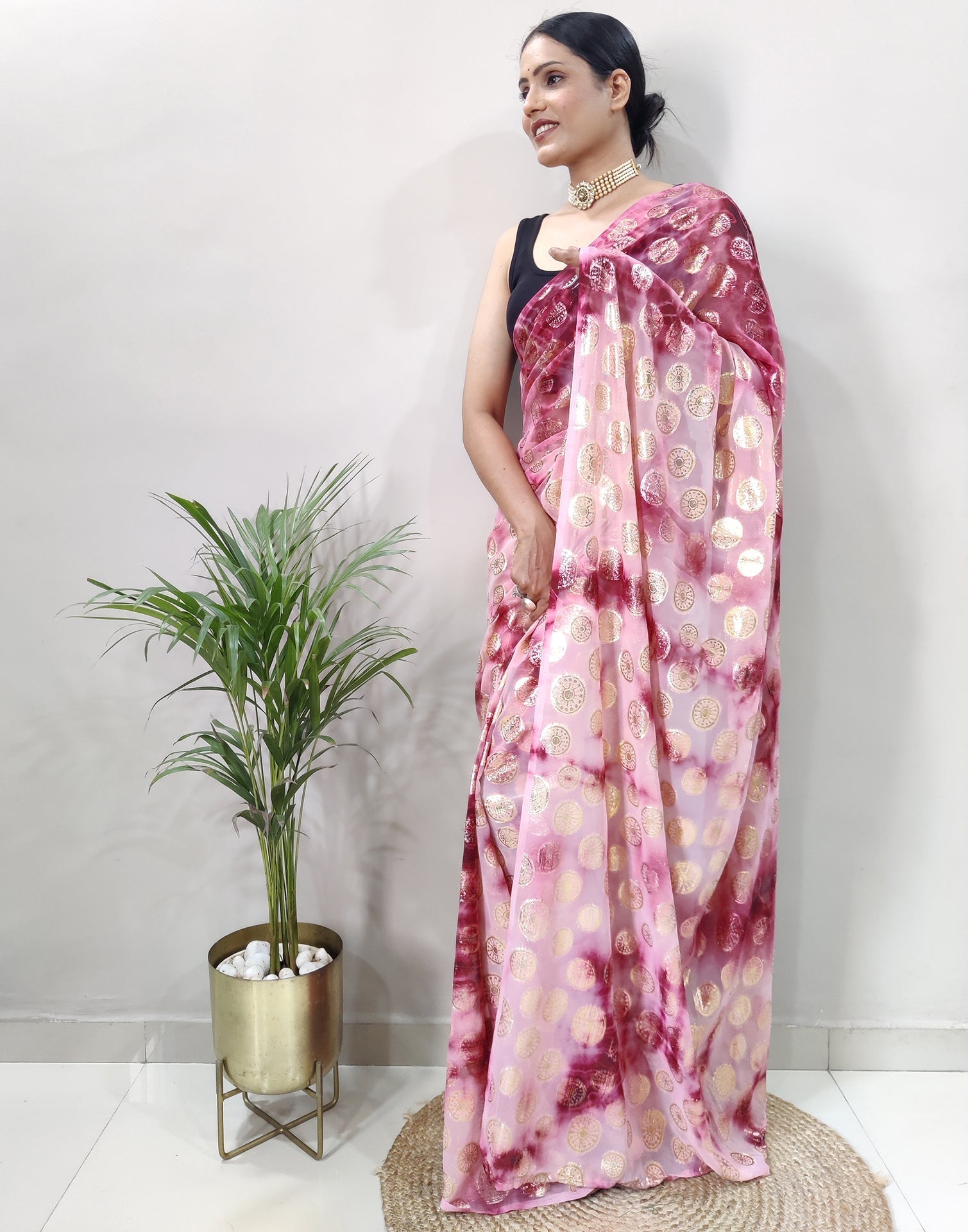 Light Pink Chiffon Embroidery Pre-draped Saree | Sudathi