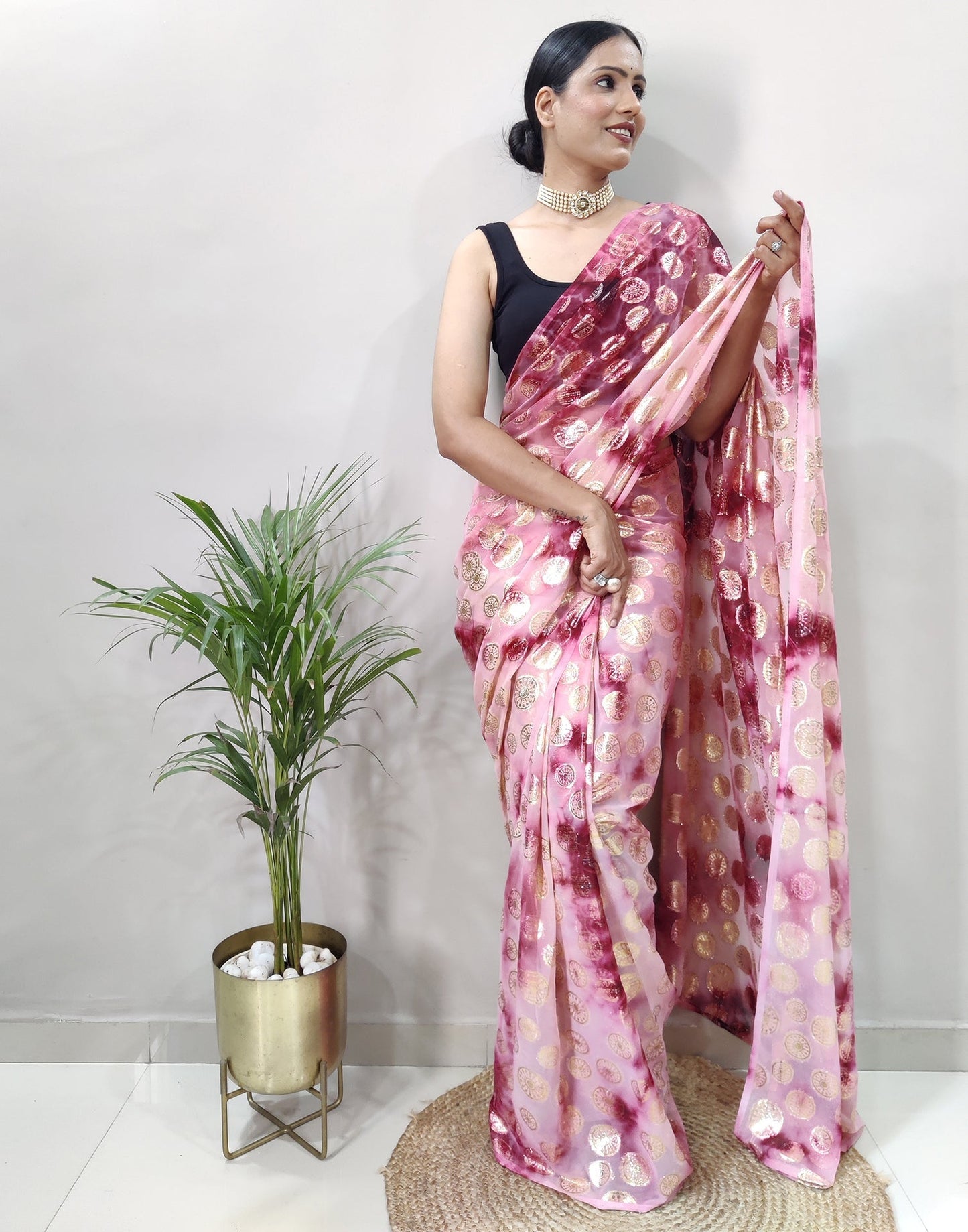 Light Pink Chiffon Embroidery Pre-draped Saree | Sudathi