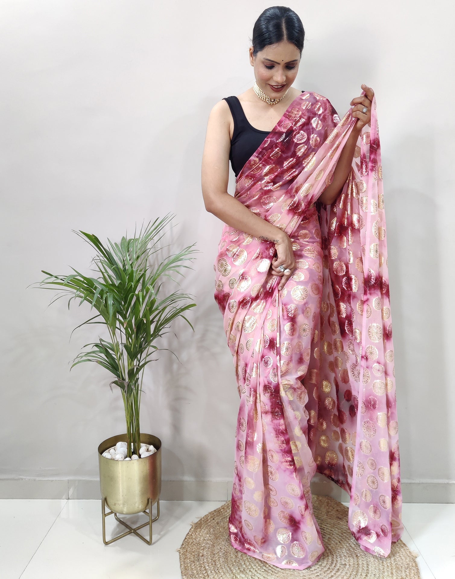 Light Pink Chiffon Embroidery Pre-draped Saree | Sudathi