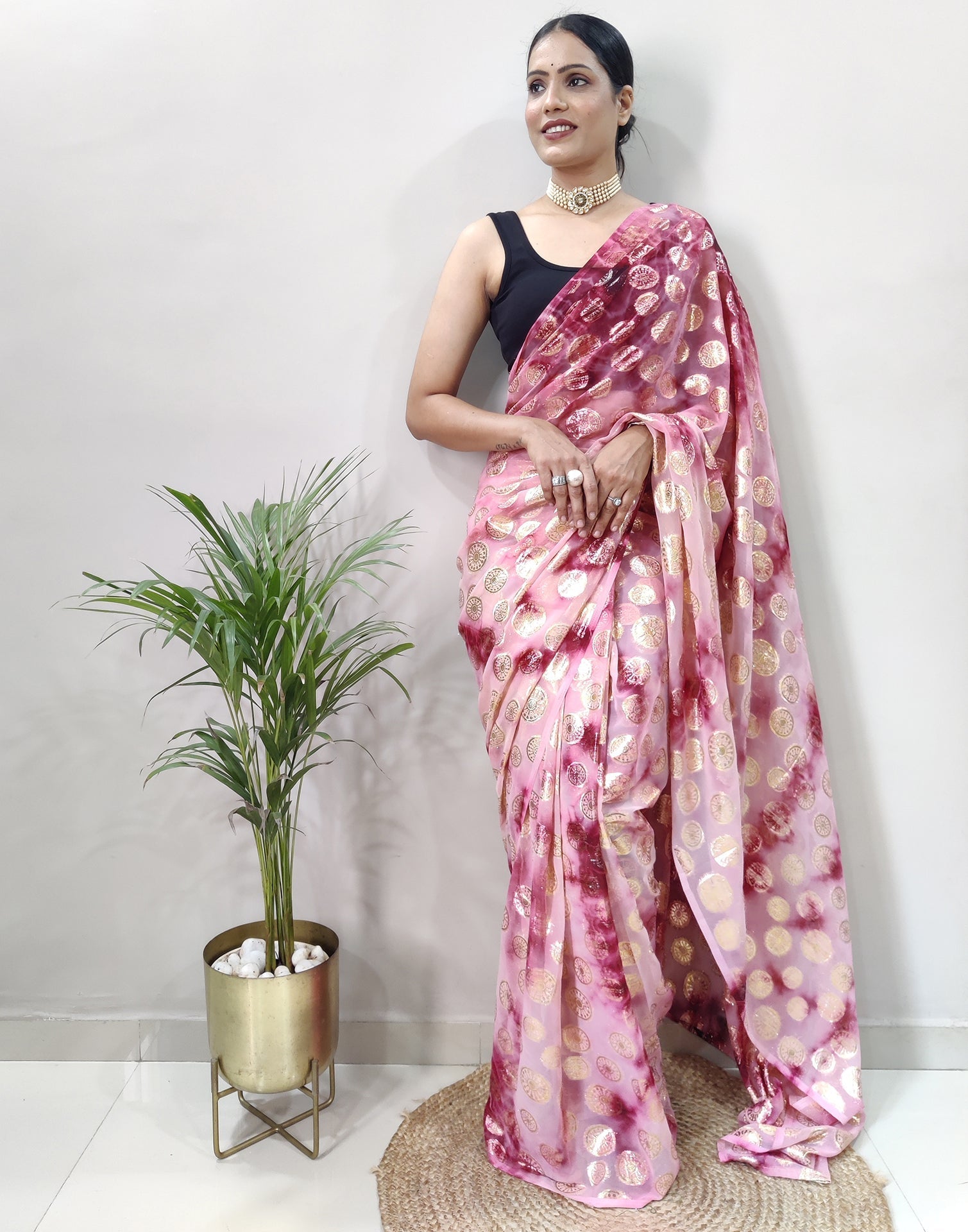 Light Pink Chiffon Embroidery Pre-draped Saree | Sudathi