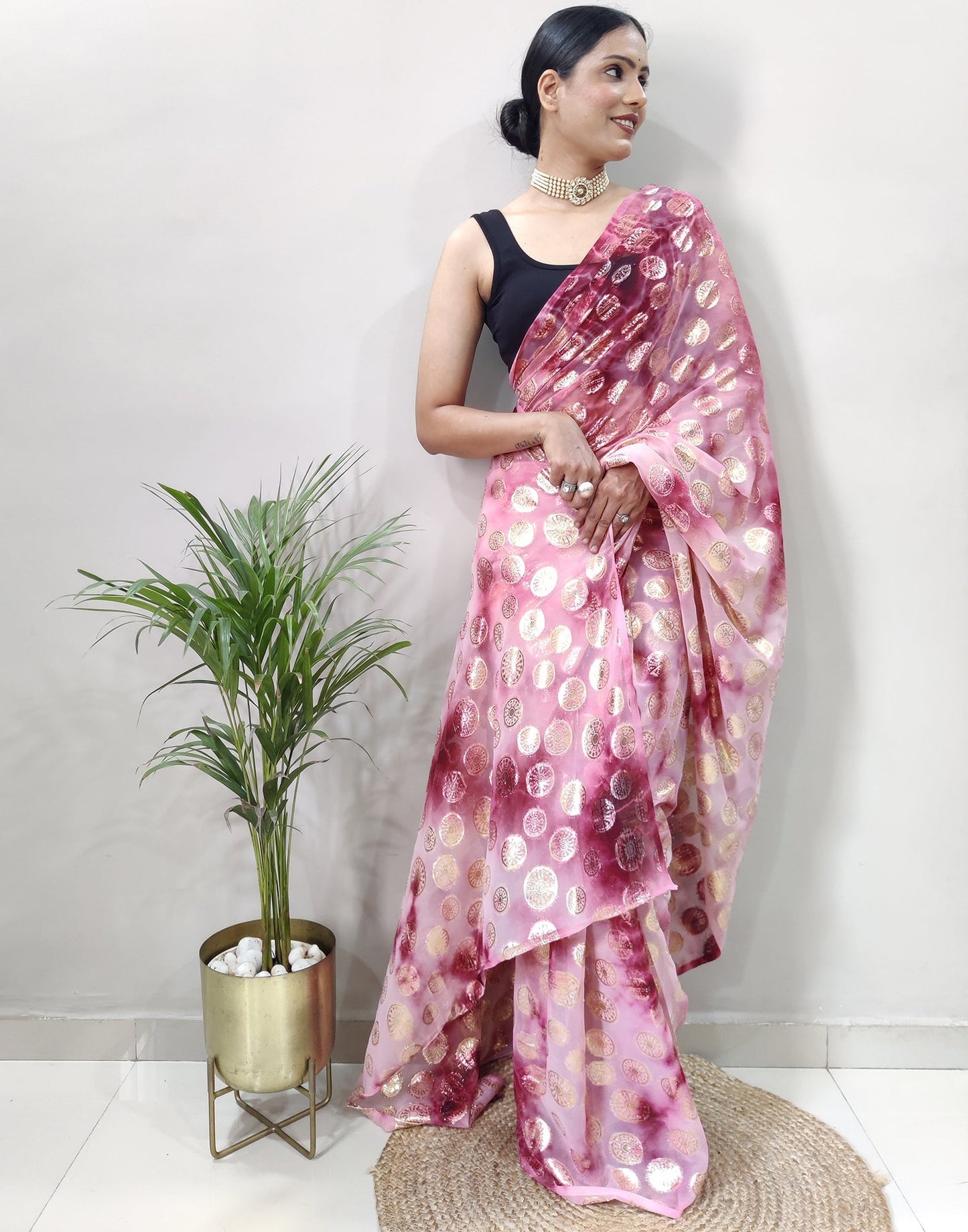 Light Pink Chiffon Embroidery Pre-draped Saree | Sudathi