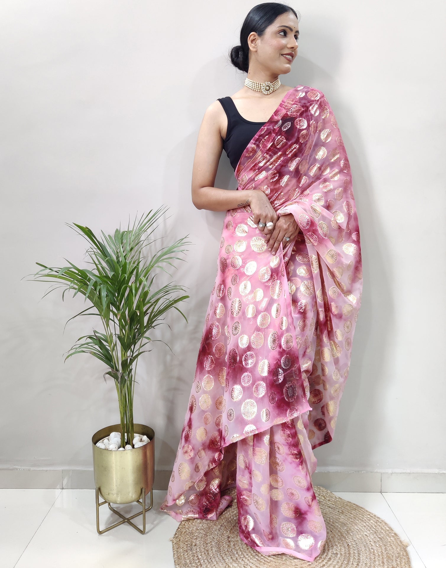 Light Pink Chiffon Embroidery Pre-draped Saree | Sudathi