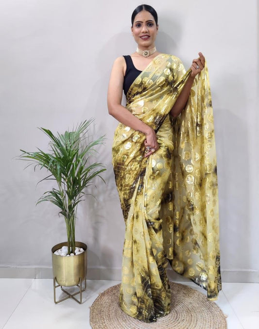 Light Yellow Chiffon Embroidery Pre-draped Saree | Sudathi