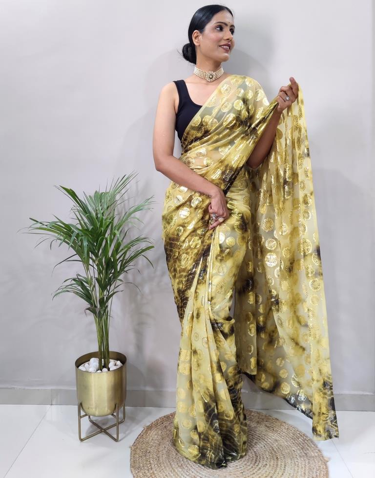 Light Yellow Chiffon Embroidery Pre-draped Saree | Sudathi