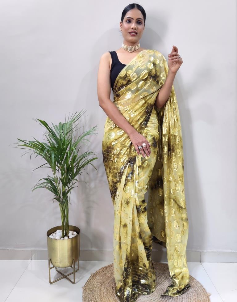 Light Yellow Chiffon Embroidery Pre-draped Saree | Sudathi