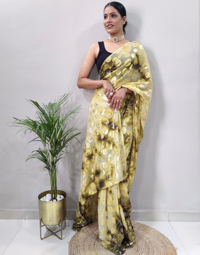 Light Yellow Chiffon Embroidery Pre-draped Saree | Sudathi