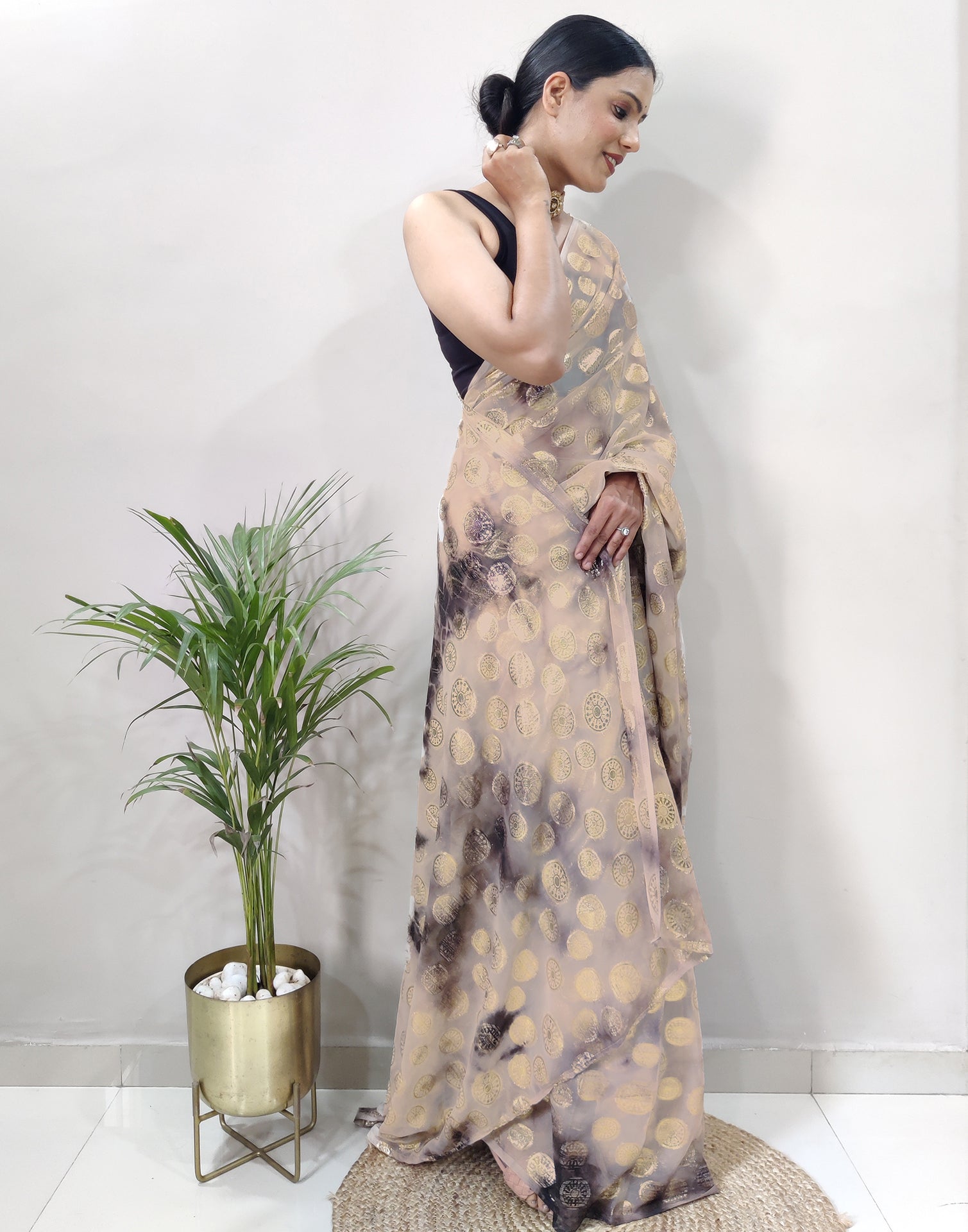 Light Brown Chiffon Embroidery Pre-draped Saree | Sudathi