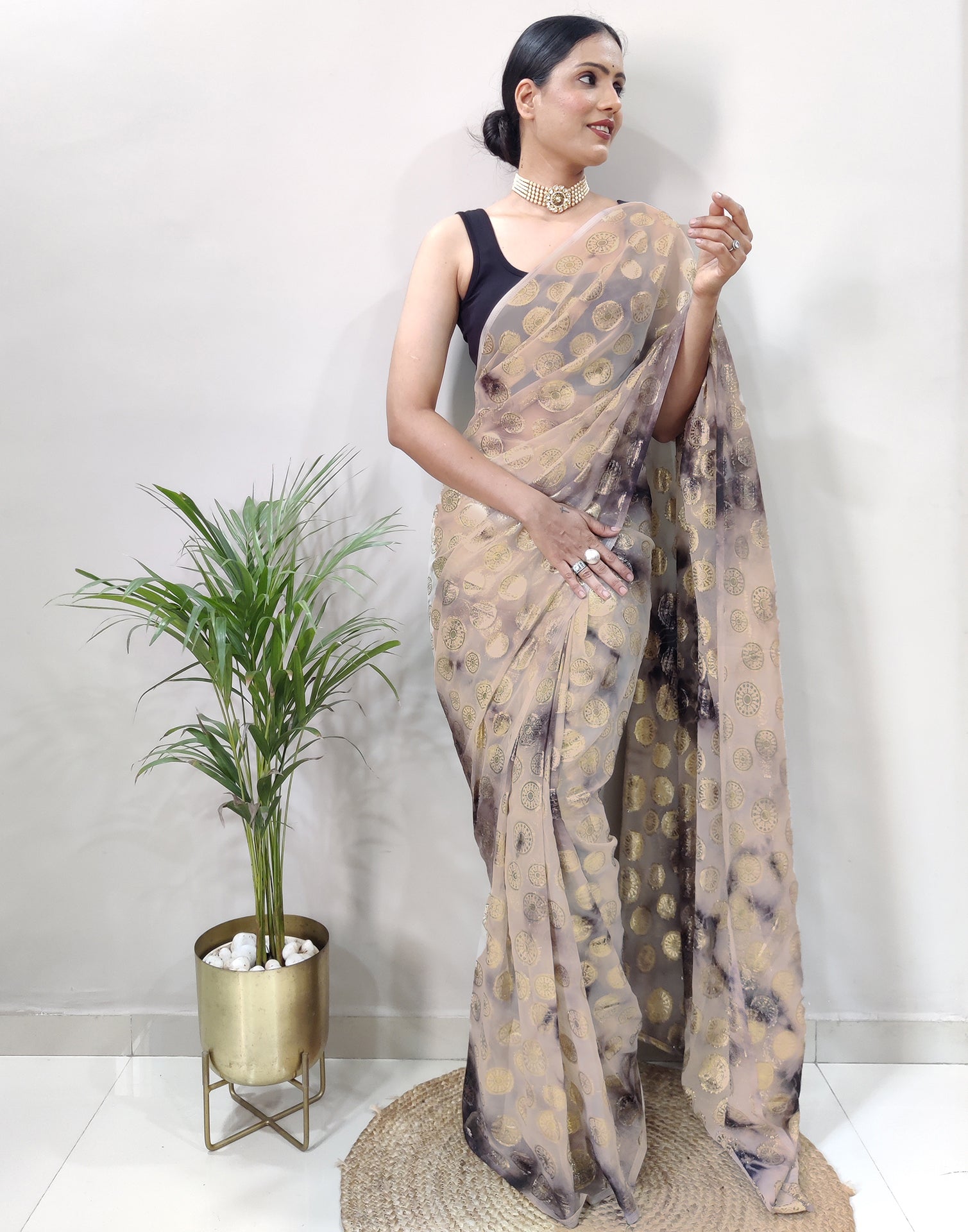 Light Brown Chiffon Embroidery Pre-draped Saree | Sudathi