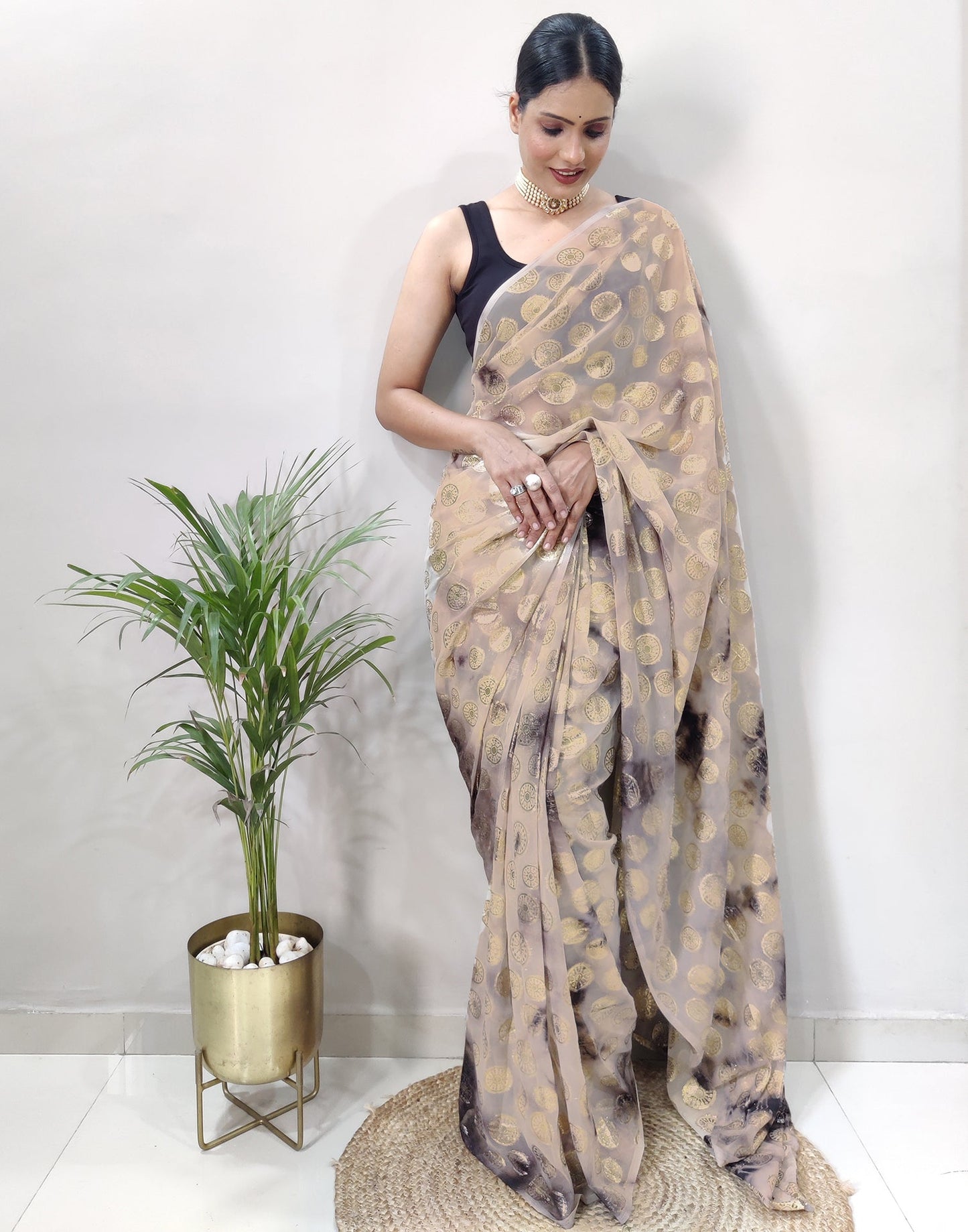 Light Brown Chiffon Embroidery Pre-draped Saree | Sudathi