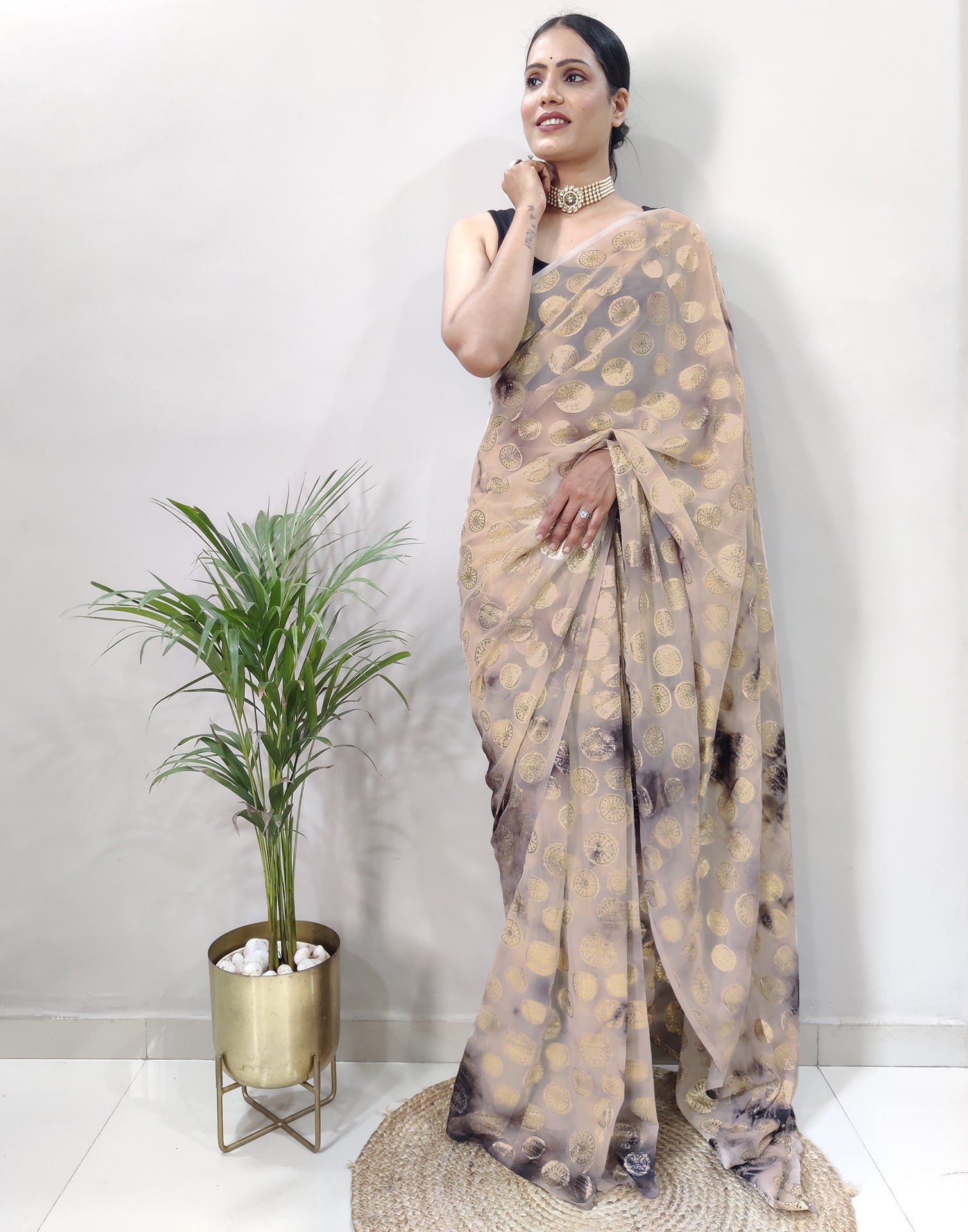 Light Brown Chiffon Embroidery Pre-draped Saree | Sudathi