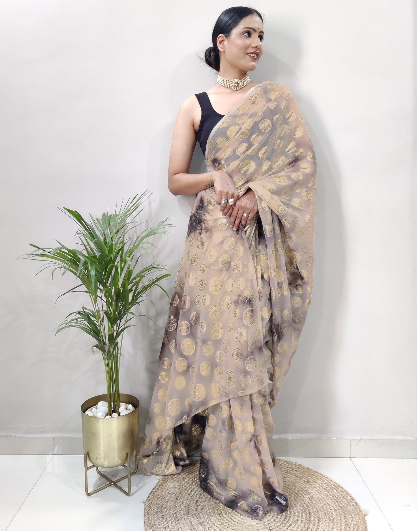 Light Brown Chiffon Embroidery Pre-draped Saree | Sudathi