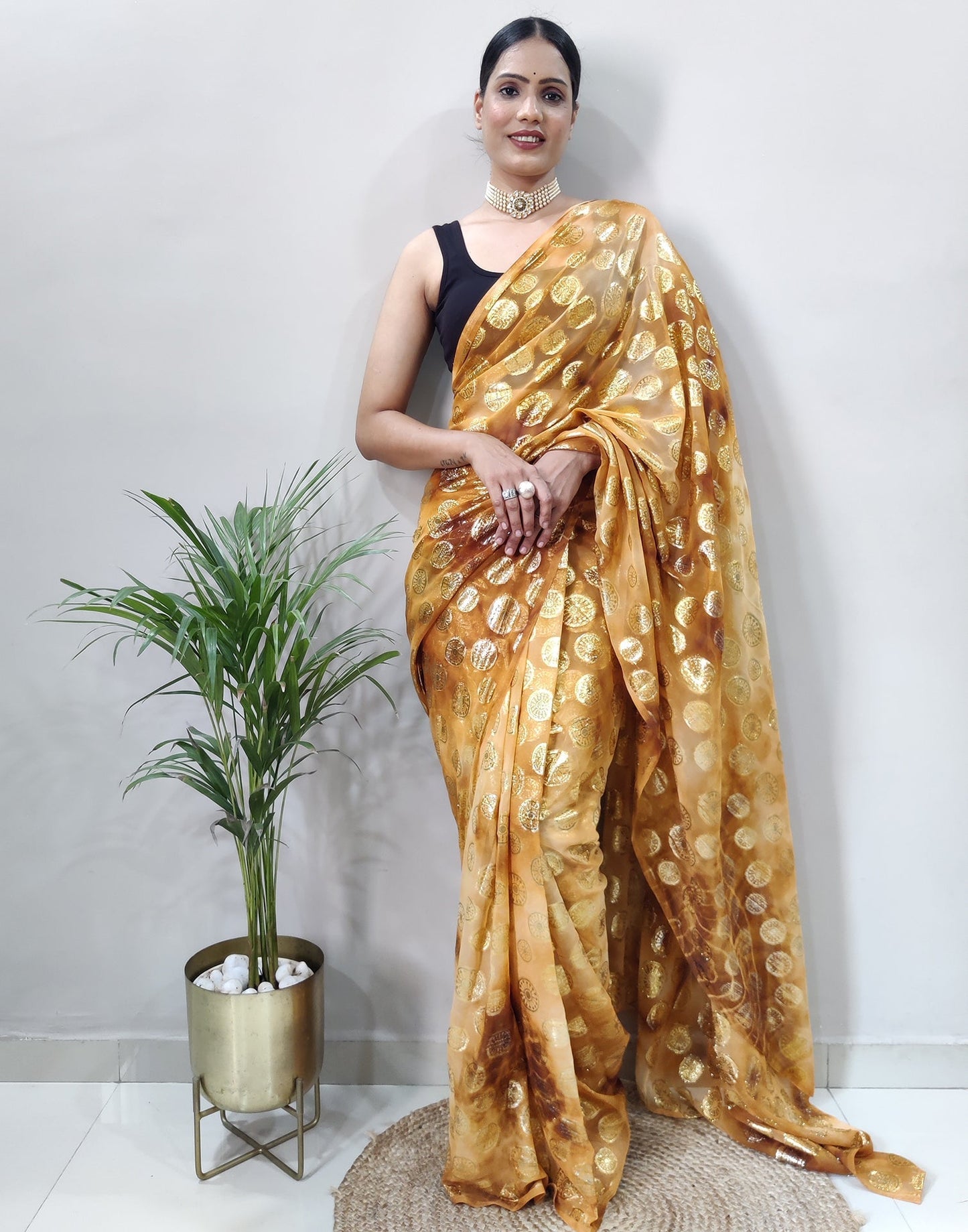 Golden Chiffon Embroidery Pre-draped Saree | Sudathi