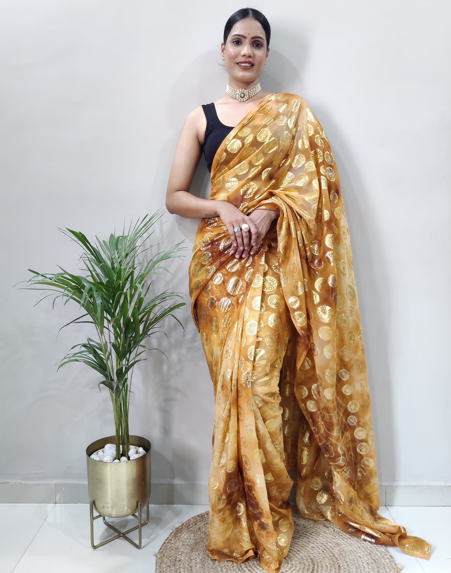 Golden Chiffon Embroidery Pre-draped Saree | Sudathi